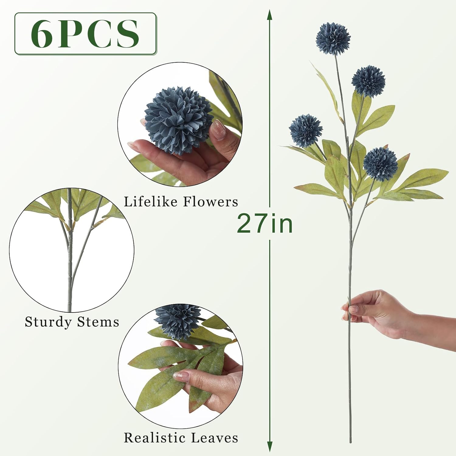 6 Pcs 27"Artificial Pompon Mum Silk Flower Stems for Vase (Dark Blue) | Bulk Fake Chrysanth Branches Faux Silk Flowers, for DIY Bouquet Centerpieces Wedding Filler Arrangements Shower Decor
