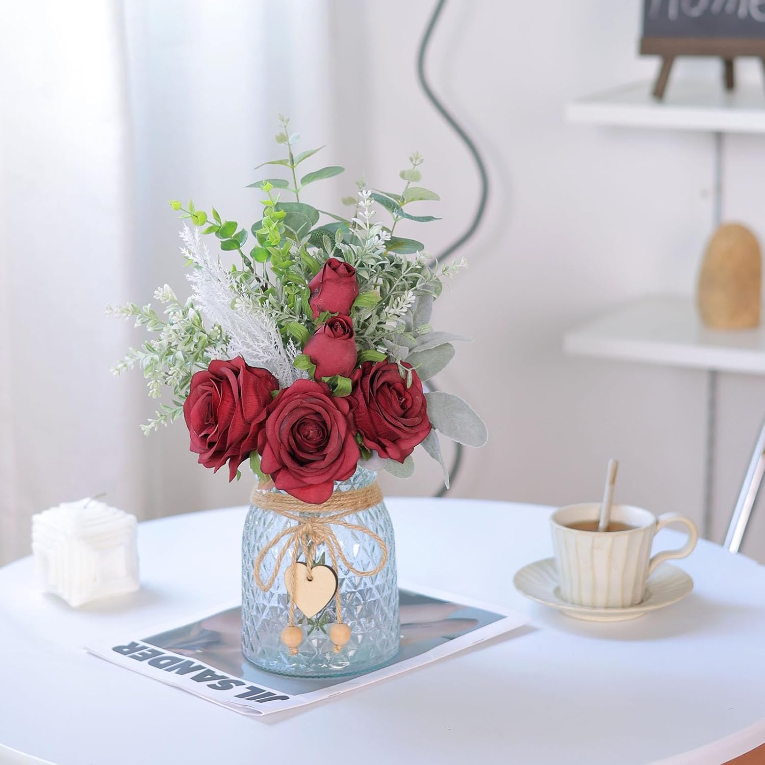 14.5" Artificial Silk Roses with Vase for Home Decoration (Burgundy) | Realistic Faux Eucalyptus & Fake Silk Flowers in Vase, for Office Farmhouse Bathroom Dining Table Centerpiece Decoration