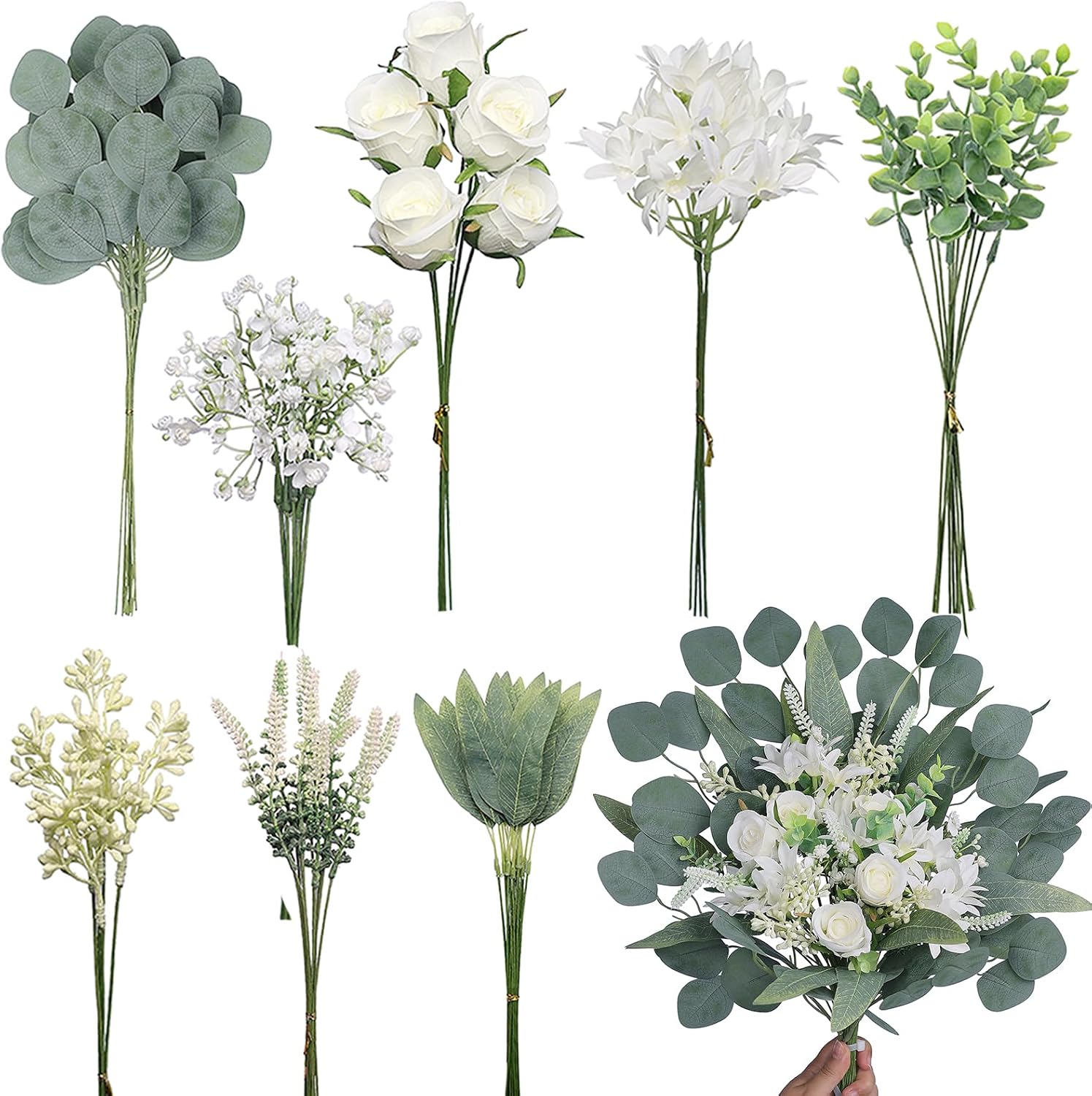 75PCS 8 Kinds Artificial Greenery Stems Box Set(White&Green) | Realistic Faux Plants and Fake Flowers,for DIY Bouquet Table Centerpieces and Floral Arrangement Decoration