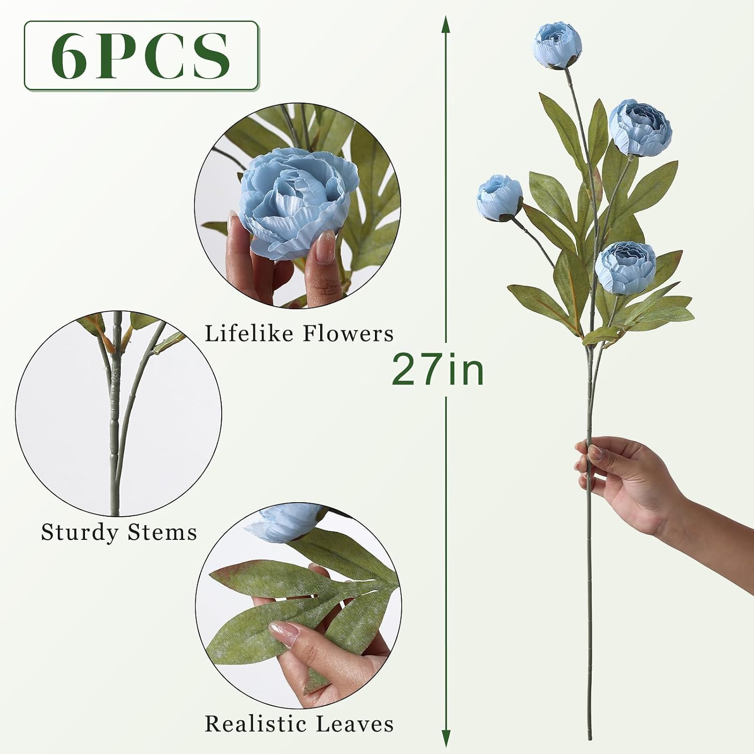 6 Pcs 27" Faux Silk Peony Artificial Flowers Stems for Vase (Dusty Blue) | Bulk Fake Peonies Branches with Stems, for DIY Bouquet Table Centerpieces Wedding Fillers Arrangements Shower Home Decoration