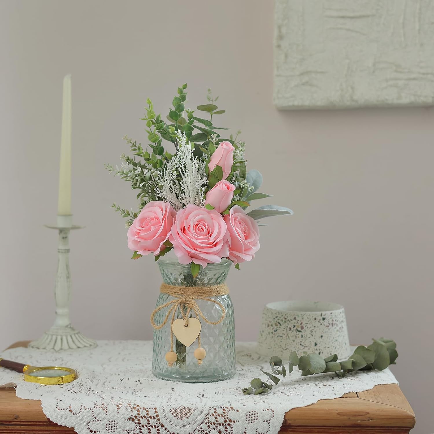14.5" Artificial Silk Roses with Vase for Home Decoration | Realistic Faux Eucalyptus & Fake Silk Flowers in Vase, for Office Farmhouse Bathroom Dining Table Centerpiece Decoration