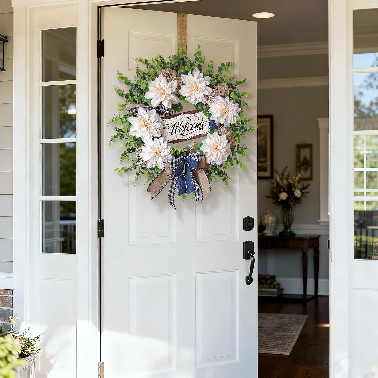 24" Artificial Dahlia Flower and Eucalyptus Wreath for Front Door (White) | Fake Flower & Eucalyptus Wreath with Blessed Sign,Faux Greenery Wreath,for Porch Home Outdoor Farmhouse Spring Summer Decor