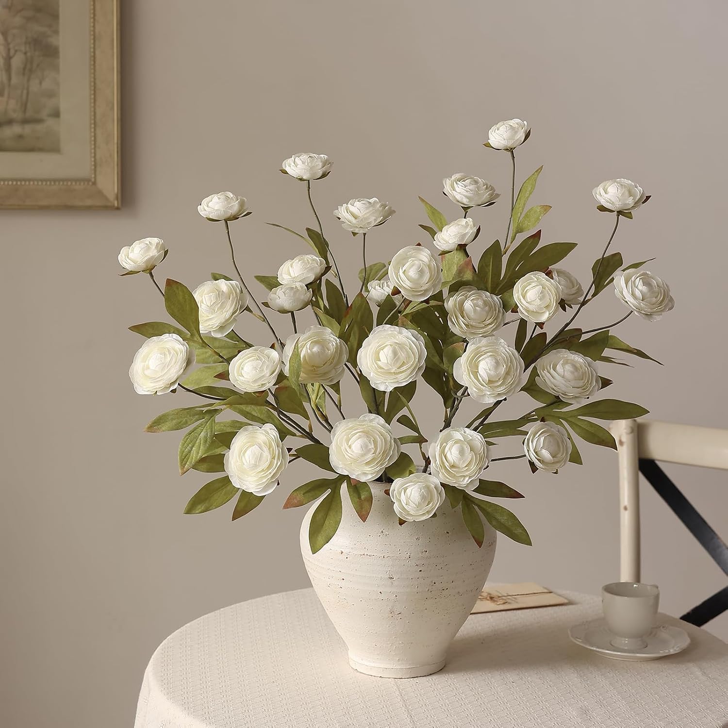 27" Artificial Ranunculus Flowers Stems for Vase Decor (Cream) | Look Real Faux Silk Flowers, Fake Persian Buttercup Branches, for DIY Bouquet Table Centerpieces Farmhouse Home Decoration