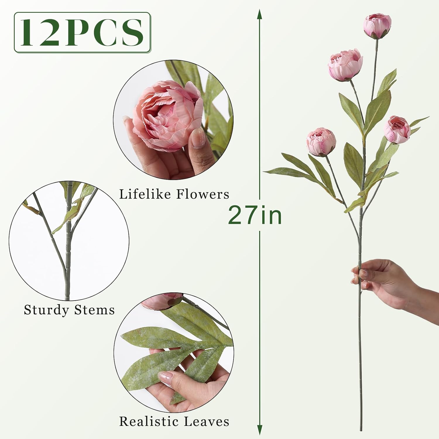 12 Pcs 27" Faux Silk Peony Artificial Flowers Stems for Vase | Bulk Fake Peonies Branches with Stems, for DIY Bouquet Table Centerpieces Wedding Fillers Arrangements Shower Home Decoration