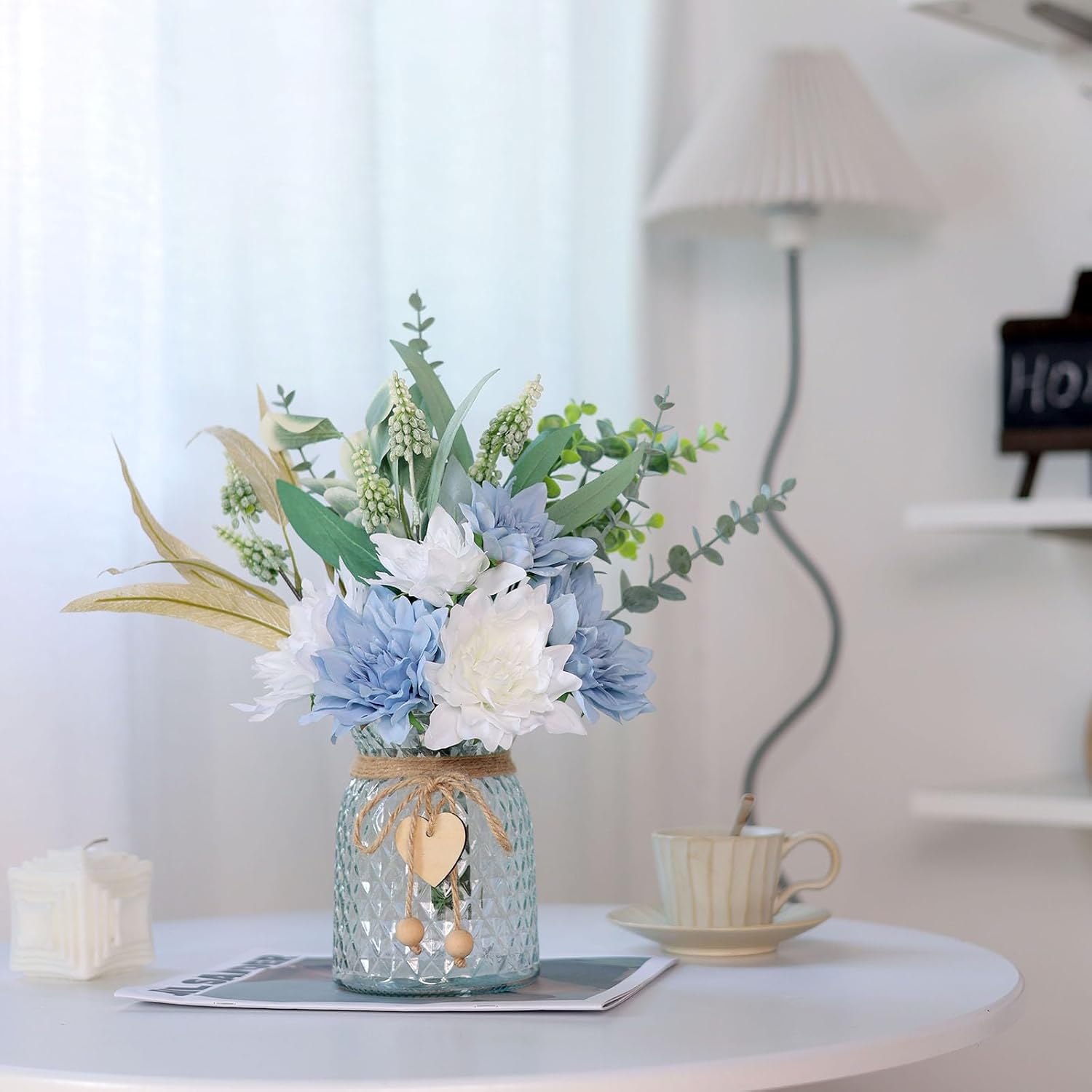 14.5" Artificial Dahlia Flowers with Vase for Home Decor (Dusty Blue) | Lifelike Fake Flowers & Plants in Vase, Faux Eucalyptus Willow with Dahlias, for Farmhouse Kitchen Table Centerpiece Decor