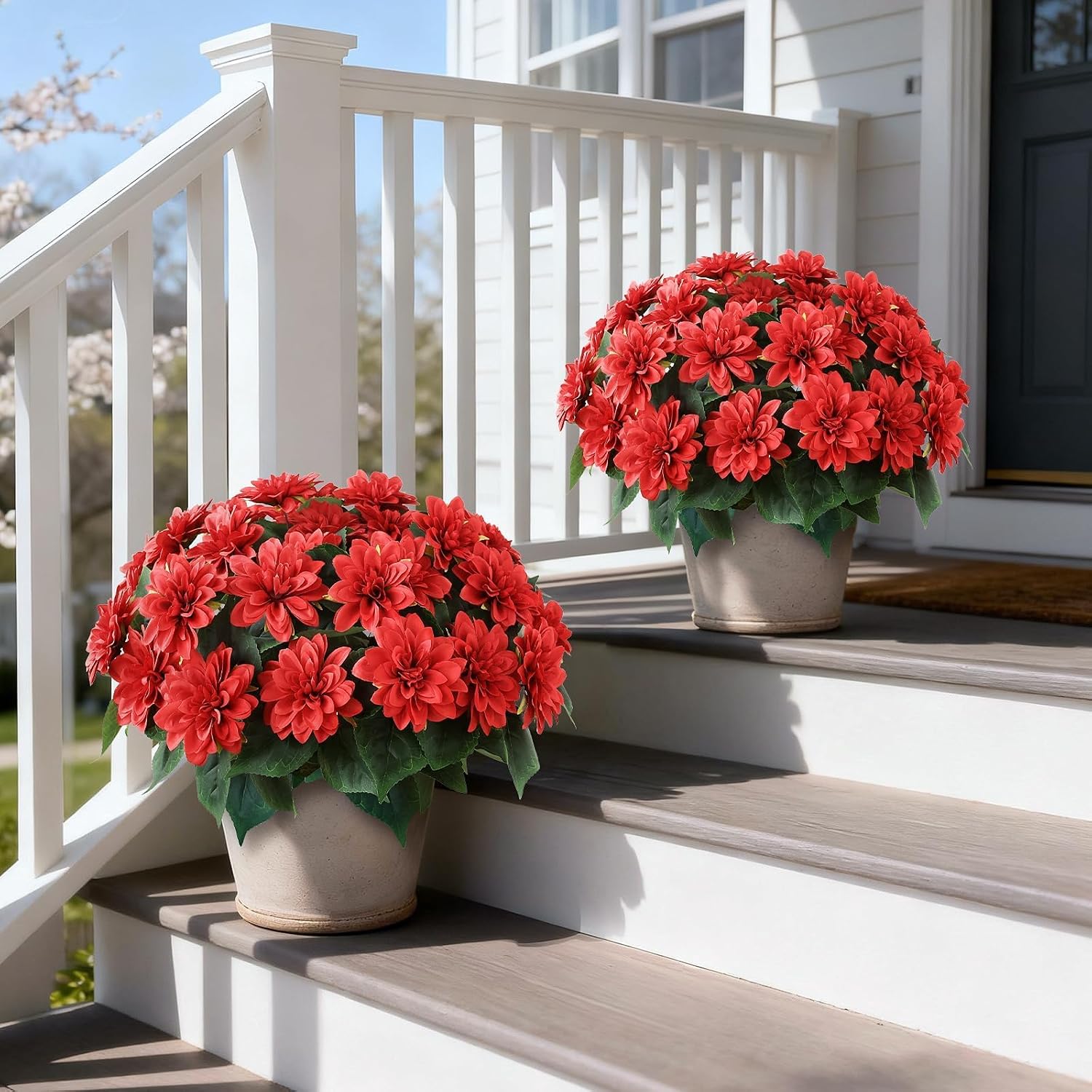 2 Set Artificial Dahlia Topiary Ball Trees for Front Porch Decor | with Pots,No Assembly Required, UV Resistant Fake Silk Flowers Potted Plant, for Front Door Home Outdoor Spring Summer Decor