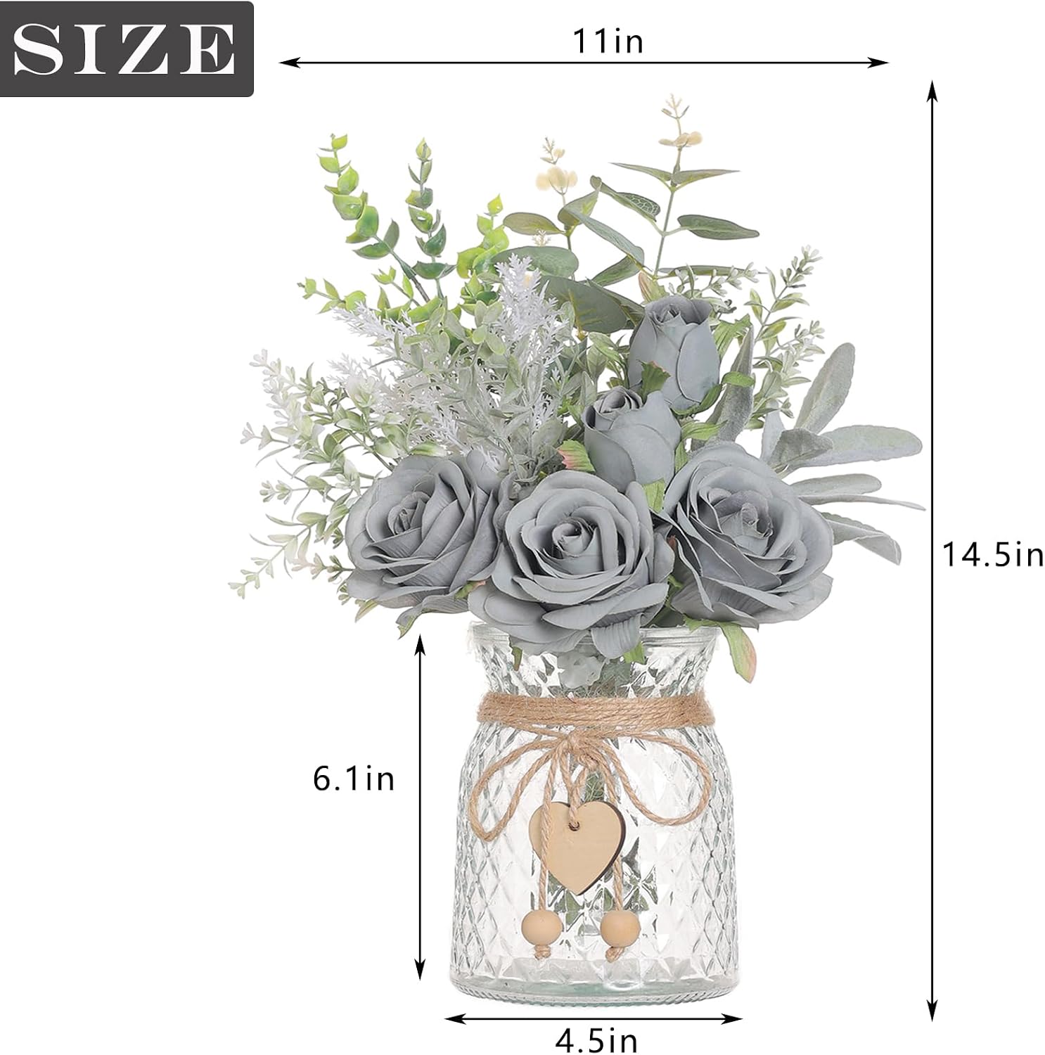 14.5" Artificial Silk Roses with Vase for Home Decoration (Grey Blue) | Realistic Faux Eucalyptus & Fake Silk Flowers in Vase, for Office Farmhouse Bathroom Dining Table Centerpiece Decoration