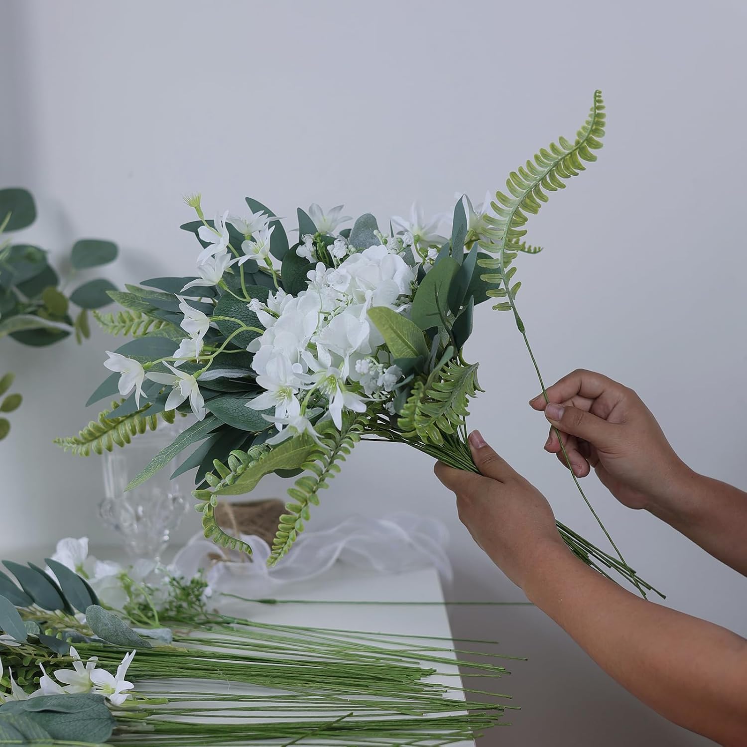 85PCS 8 Kinds Artificial Greenery Stems Box Set(White&Dusty Green) | Realistic Faux Plants and Fake Flowers,for DIY Bouquet Table Centerpieces and Floral Arrangement Decoration