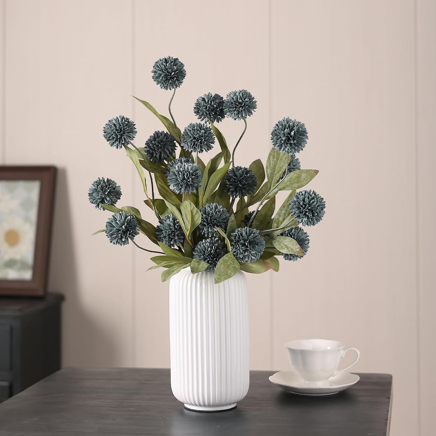 6 Pcs 27"Artificial Pompon Mum Silk Flower Stems for Vase (Dark Blue) | Bulk Fake Chrysanth Branches Faux Silk Flowers, for DIY Bouquet Centerpieces Wedding Filler Arrangements Shower Decor