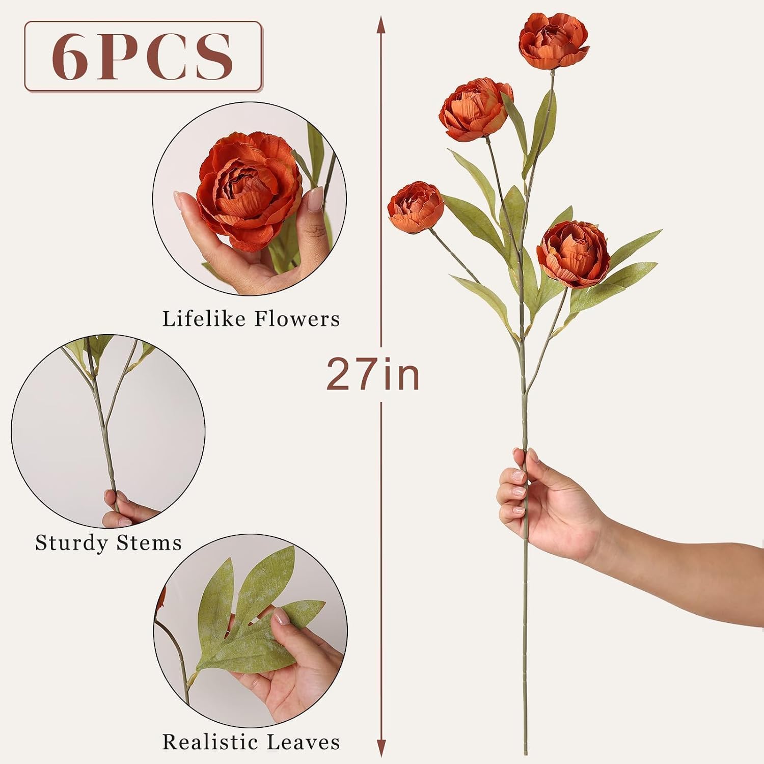 6 Pcs 27" Faux Silk Peony Artificial Fall Flowers Stems for Vase (Orange) | Bulk Fake Peonies Branches with Stems, for DIY Bouquet Centerpieces Wedding Fillers Arrangements Shower Autumn Home Decor