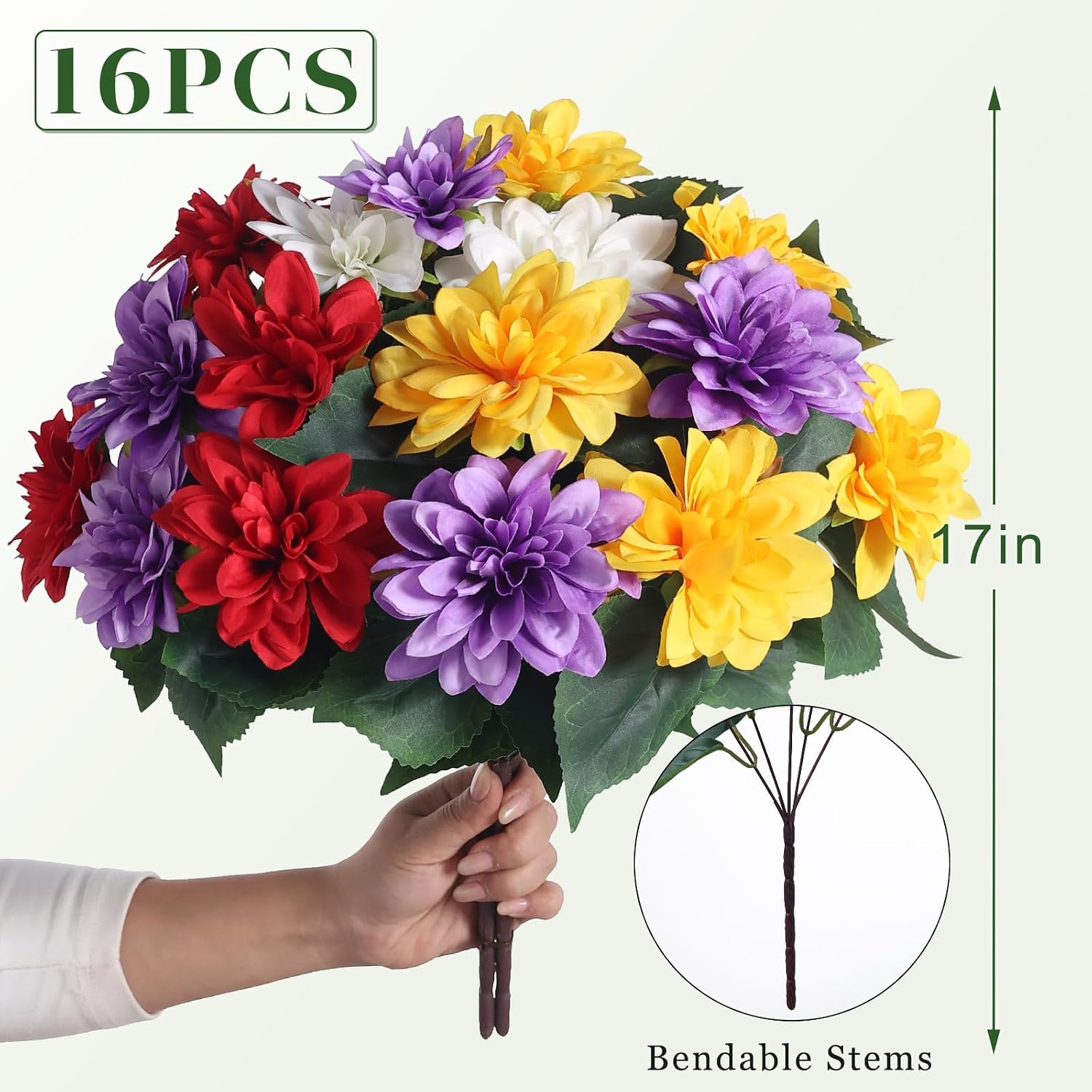 16 Bundles 17" Artificial Dahlia Flowers for Front Door Decor (Mixed Color) | Realistic Fake Silk Flower Faux Dahlias Plant, for Front Porch Home Garden Balcony Farmhouse Spring Summer Outdoor Decor