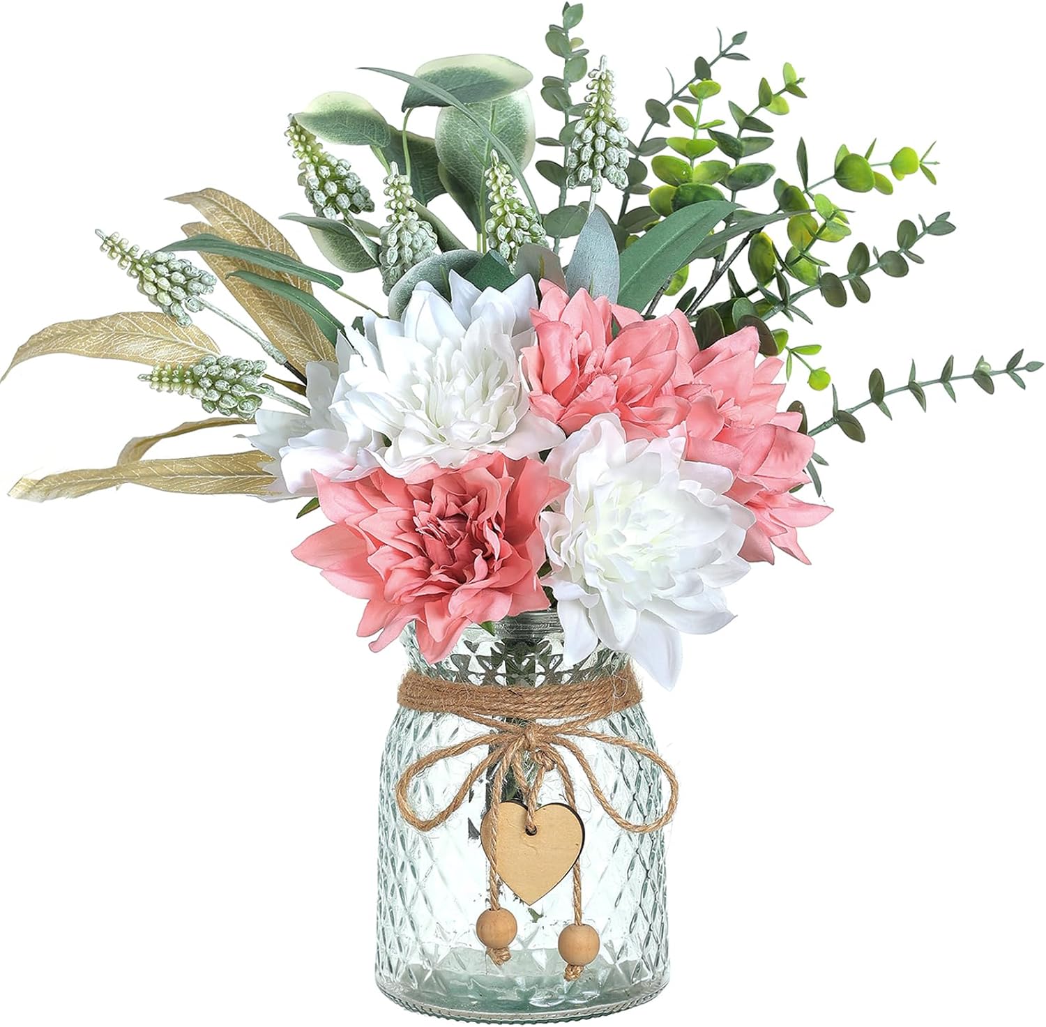14.5" Artificial Dahlia Flowers with Vase for Home Decor (Dusty Pink) | Lifelike Fake Flowers & Plants in Vase, Faux Eucalyptus Willow with Dahlias, for Farmhouse Kitchen Table Centerpiece Decor