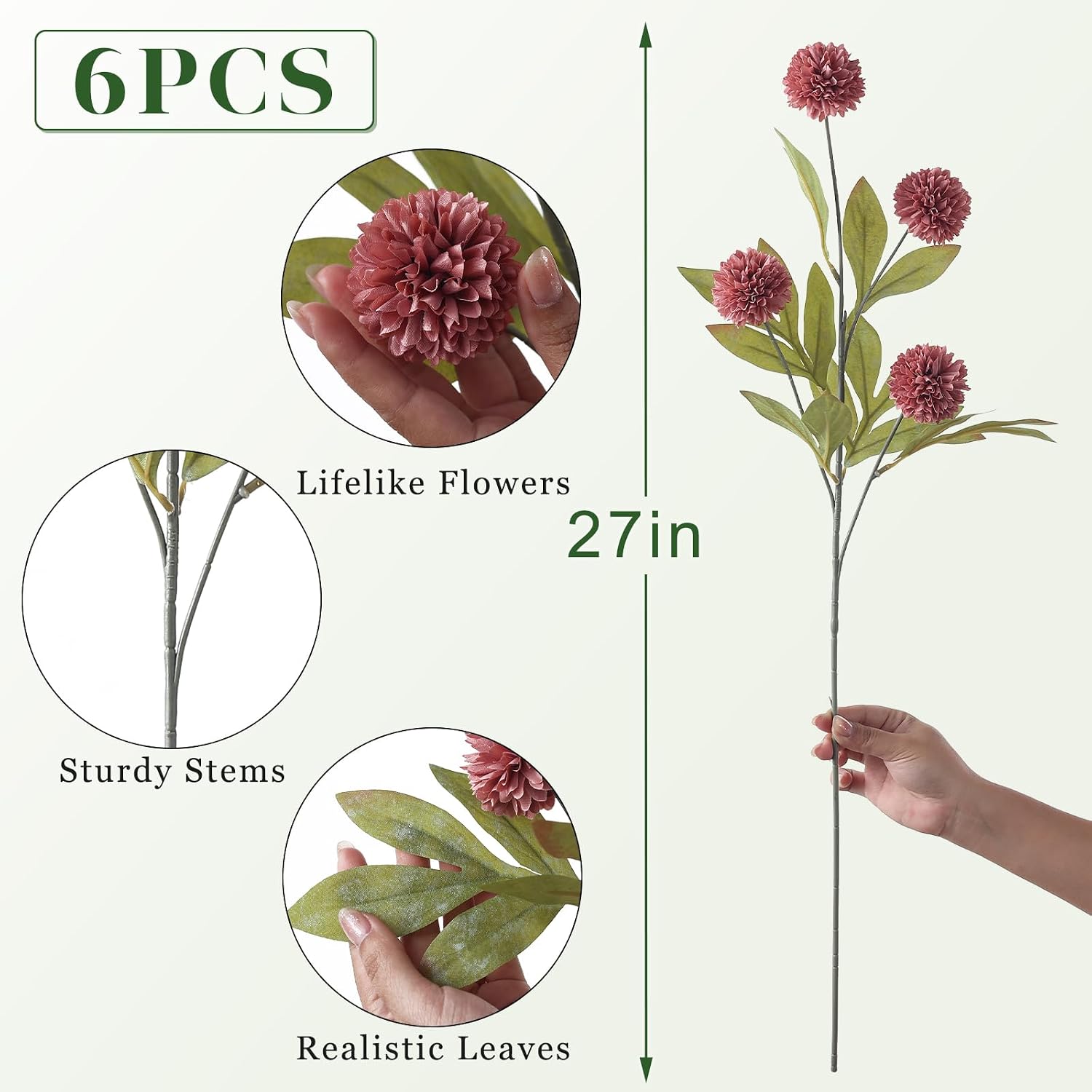 6 Pcs 27"Artificial Pompon Mum Silk Flower Stems for Vase (Warm Pink) | Bulk Fake Chrysanth Branches Faux Silk Flowers, for DIY Bouquet Centerpieces Wedding Filler Arrangements