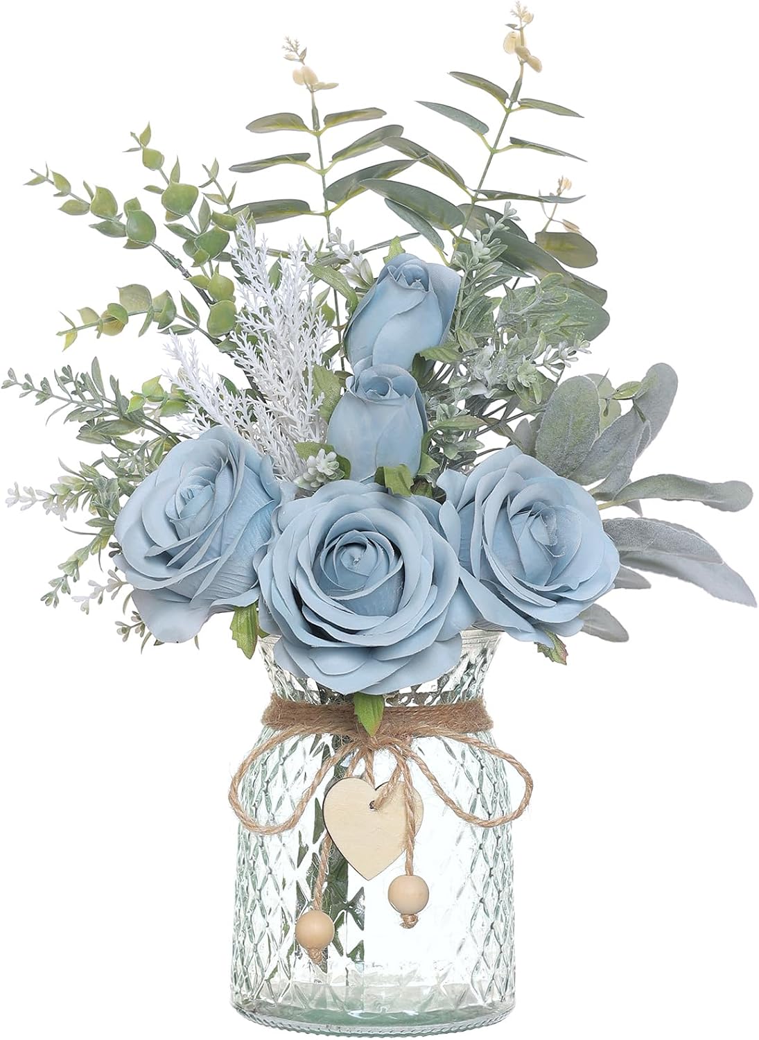 14.5" Artificial Silk Roses with Vase for Home Decoration (Dusty Blue) | Realistic Faux Eucalyptus & Fake Silk Flowers in Vase, for Office Farmhouse Bathroom Dining Table Centerpiece Decoration