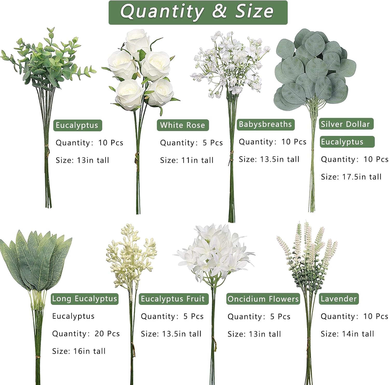 75PCS 8 Kinds Artificial Greenery Stems Box Set(White&Green) | Realistic Faux Plants and Fake Flowers,for DIY Bouquet Table Centerpieces and Floral Arrangement Decoration