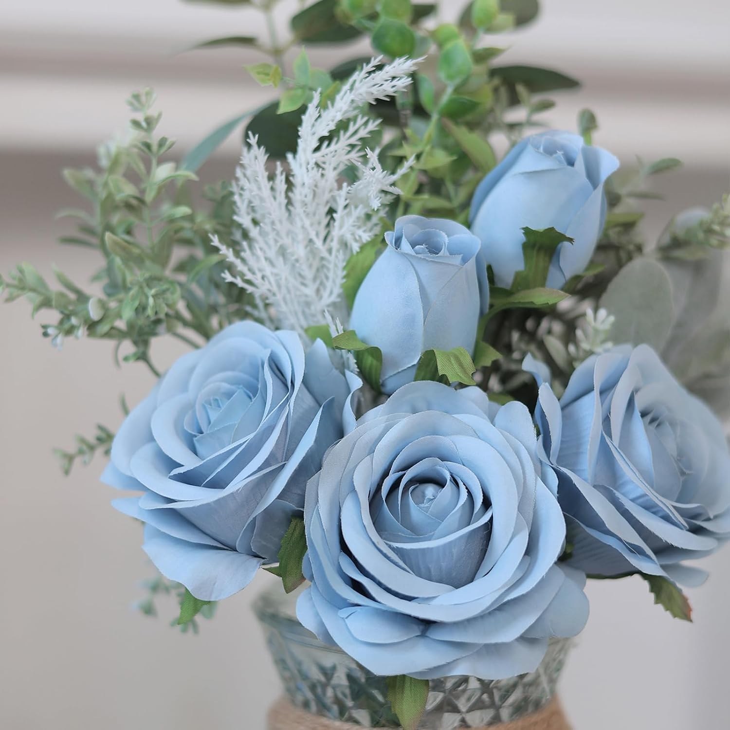 14.5" Artificial Silk Roses with Vase for Home Decoration (Dusty Blue) | Realistic Faux Eucalyptus & Fake Silk Flowers in Vase, for Office Farmhouse Bathroom Dining Table Centerpiece Decoration