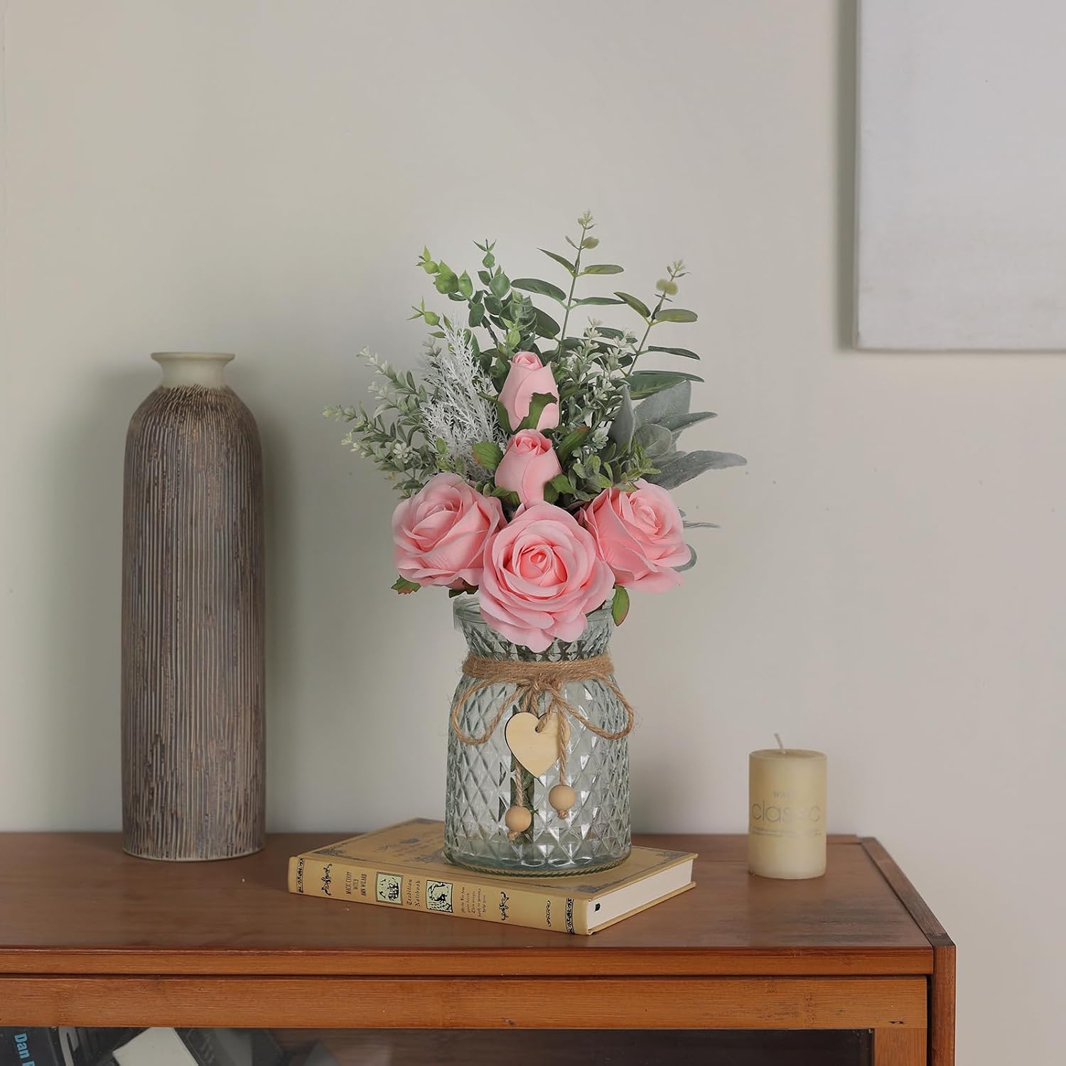 14.5" Artificial Silk Roses with Vase for Home Decoration | Realistic Faux Eucalyptus & Fake Silk Flowers in Vase, for Office Farmhouse Bathroom Dining Table Centerpiece Decoration