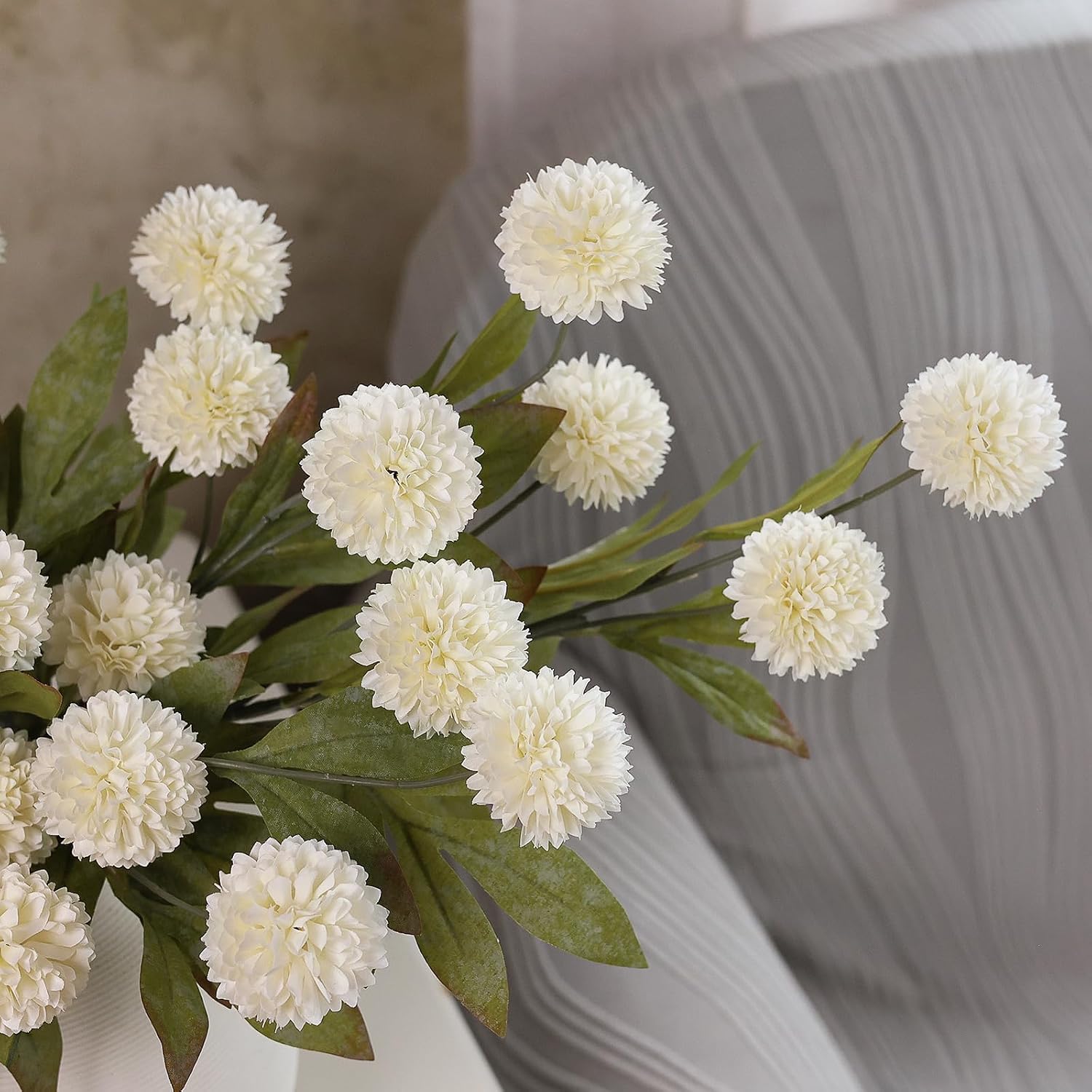 6 Pcs 27" Artificial Pompon Mum Silk Flower Stems for Vase (Cream) | Bulk Fake Chrysanth Branches Faux Silk Flowers