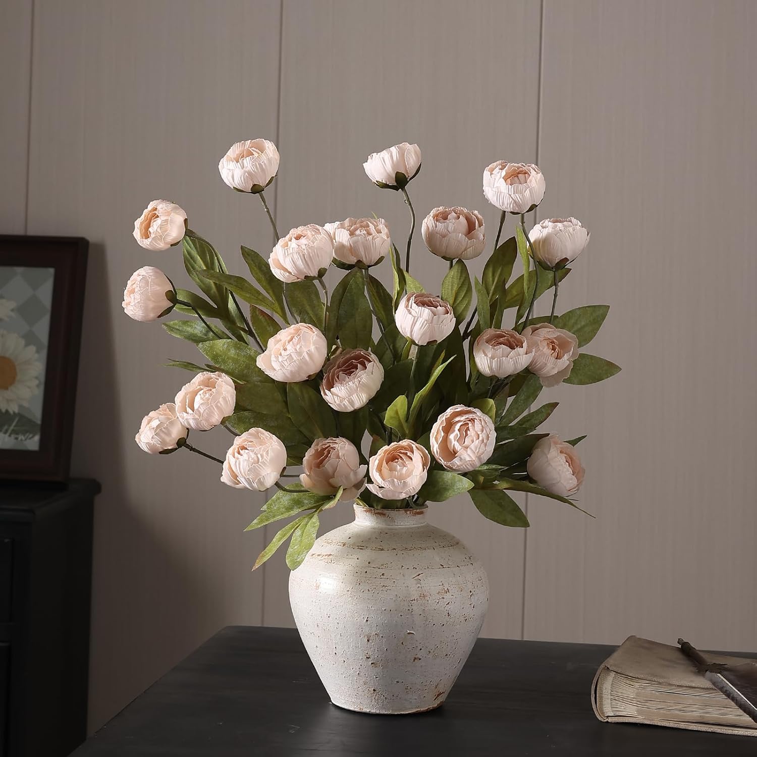 6 Pcs 27" Faux Silk Peony Artificial Flowers Stems for Vase (Beige) | Bulk Fake Peonies Branches with Stems, for DIY Bouquet Table Centerpieces Wedding Fillers Arrangements Shower Home Decoration
