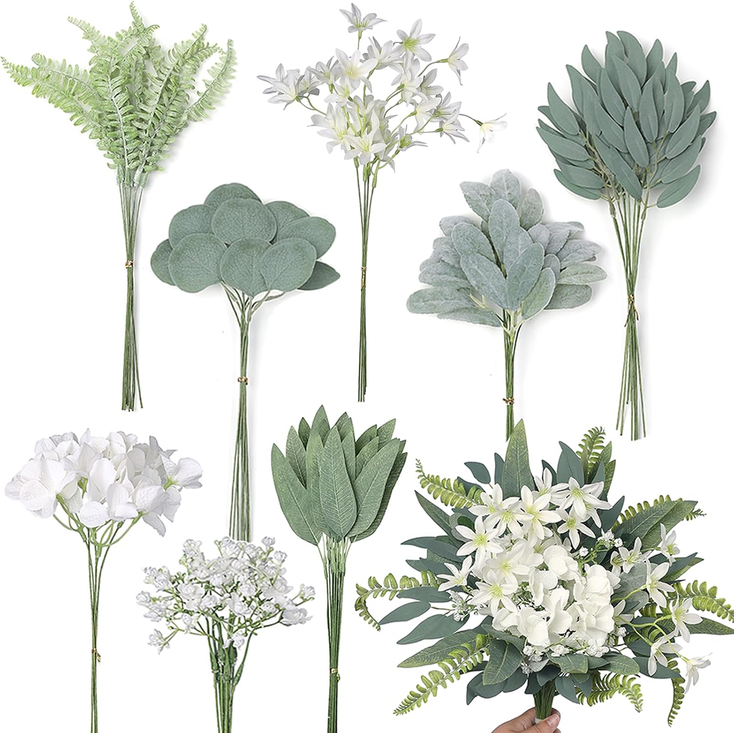 85PCS 8 Kinds Artificial Greenery Stems Box Set(White&Dusty Green) | Realistic Faux Plants and Fake Flowers,for DIY Bouquet Table Centerpieces and Floral Arrangement Decoration