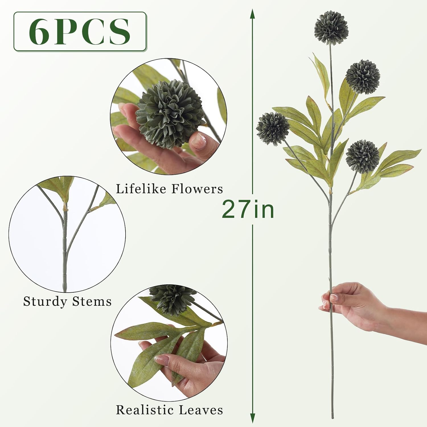 6 Pcs 27"Artificial Pompon Mum Silk Flower Stems for Vase (Dark Gray) | Bulk Fake Chrysanth Branches Faux Silk Flowers, for DIY Bouquet Centerpieces Wedding Filler Arrangements Shower Decor