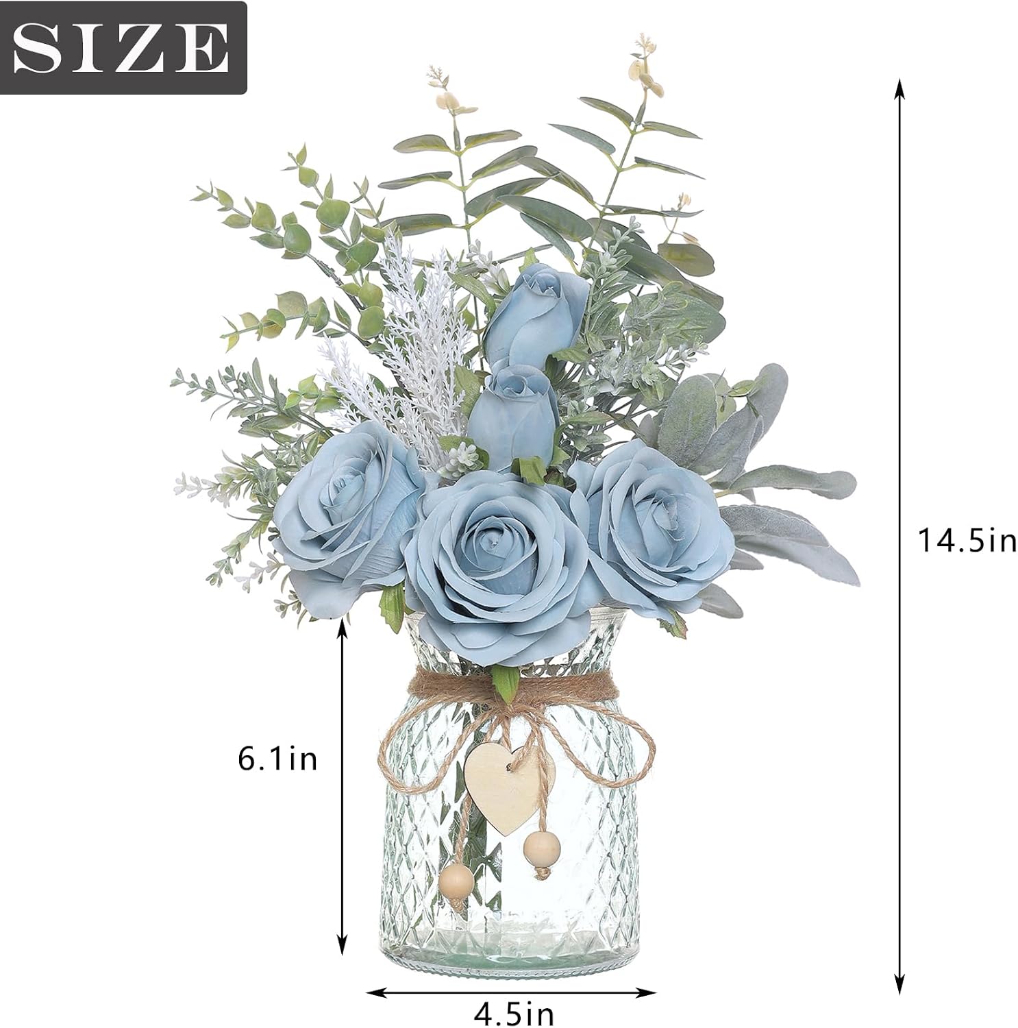 14.5" Artificial Silk Roses with Vase for Home Decoration (Dusty Blue) | Realistic Faux Eucalyptus & Fake Silk Flowers in Vase, for Office Farmhouse Bathroom Dining Table Centerpiece Decoration