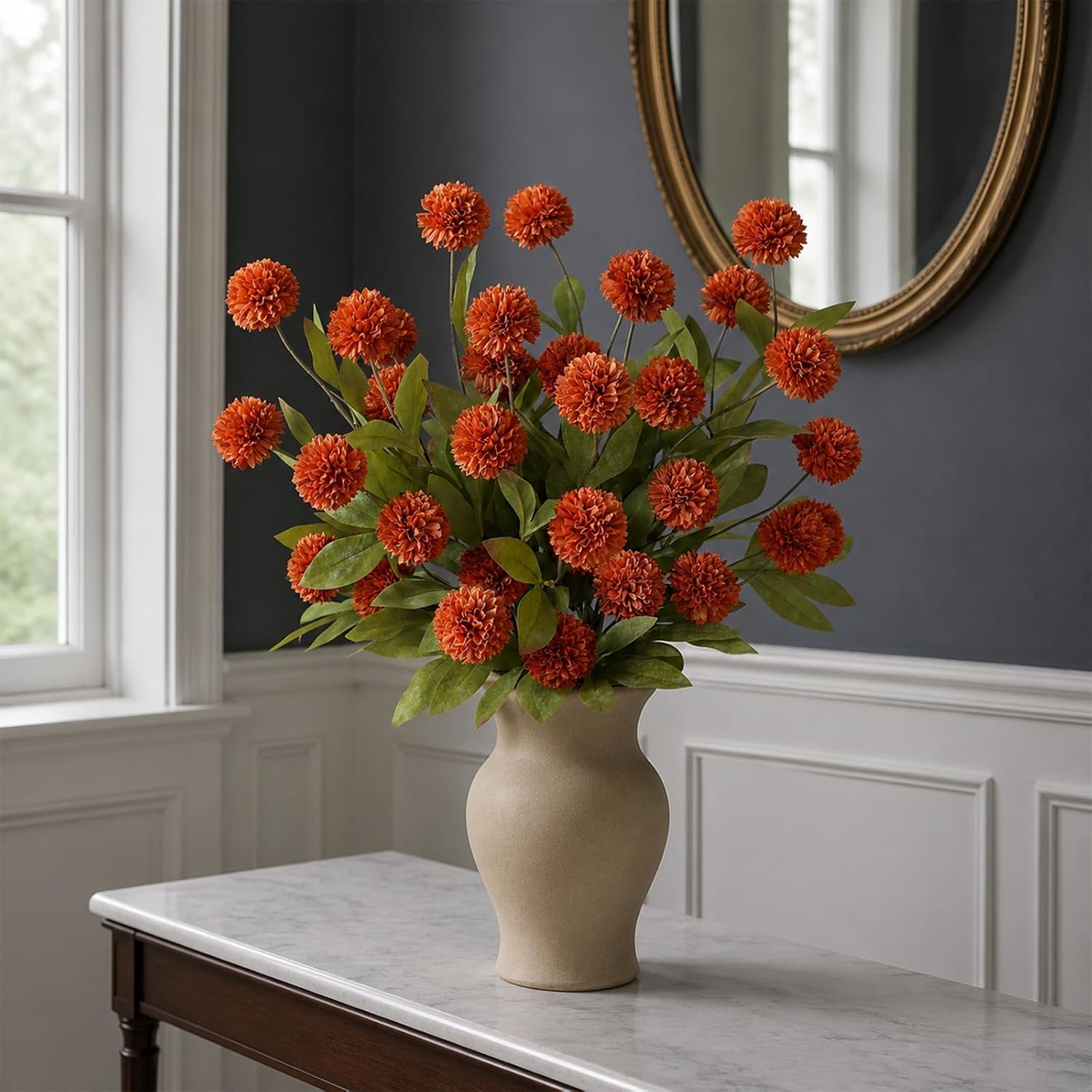 6 Pcs 27" Artificial Fall Pompon Mum Flower Stems for Vase (Orange) | Bulk Fake Chrysanth Branches Faux Silk Flowers,for DIY Bouquet Centerpieces Wedding Filler Arrangements