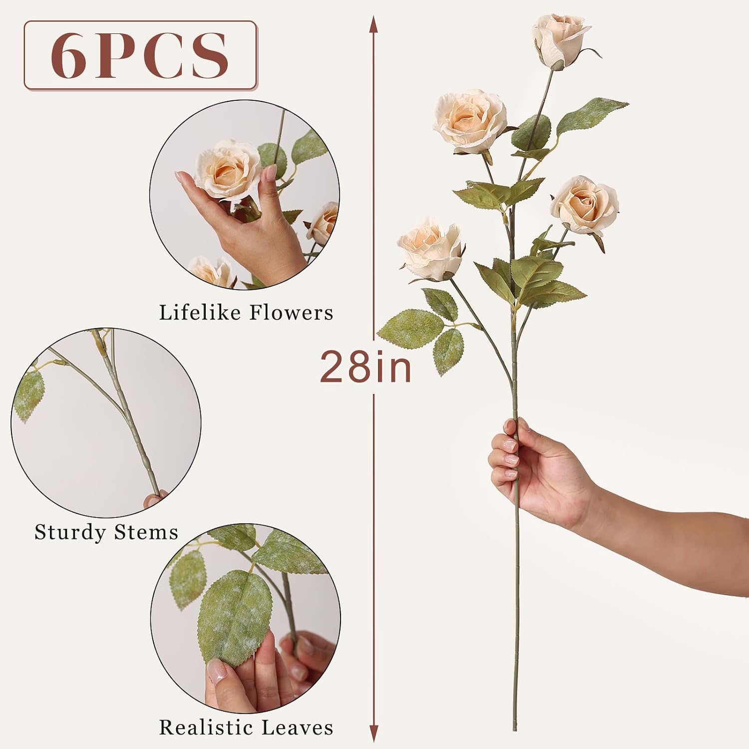 6 Pcs 28" Artificial Rose Flower Stems for Vase Home Decoration (Beige) | Fake Silk Flower Branches, Faux Rose Stems, for Table Centerpieces DIY Floral Arrangements Party Farmhouse Home Indoor Decor