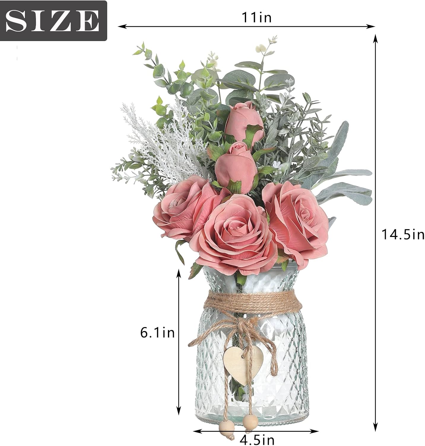 14.5" Artificial Silk Roses with Vase for Home Decoration (Dusty Pink) | Realistic Faux Eucalyptus & Fake Silk Flowers in Vase, for Office Farmhouse Bathroom Dining Table Centerpiece Decoration