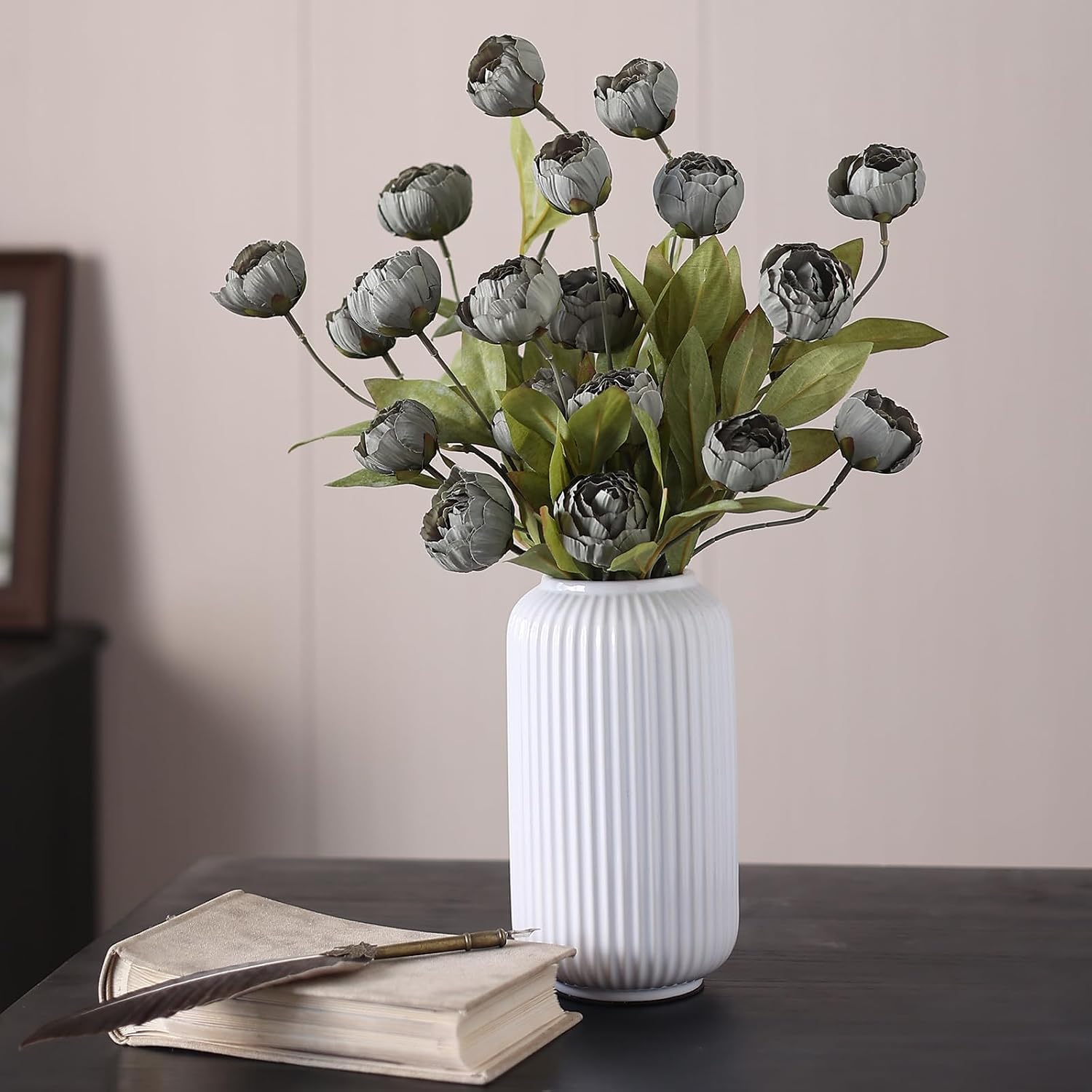 6 Pcs 27" Faux Silk Peony Artificial Flowers Stems for Vase (Dark Gray) | Bulk Fake Peonies Branches with Stems, for DIY Bouquet Table Centerpieces Wedding Fillers Arrangements Shower Home Decoration