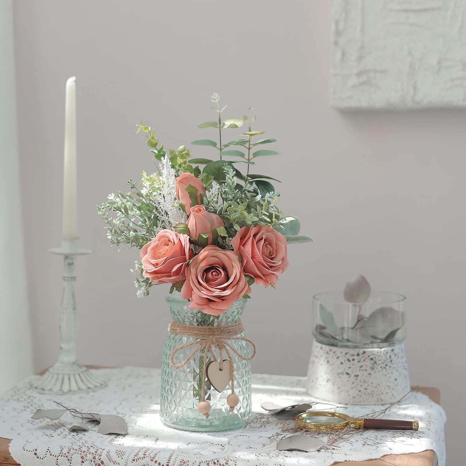 14.5" Artificial Silk Roses with Vase for Home Decoration (Dusty Pink) | Realistic Faux Eucalyptus & Fake Silk Flowers in Vase, for Office Farmhouse Bathroom Dining Table Centerpiece Decoration