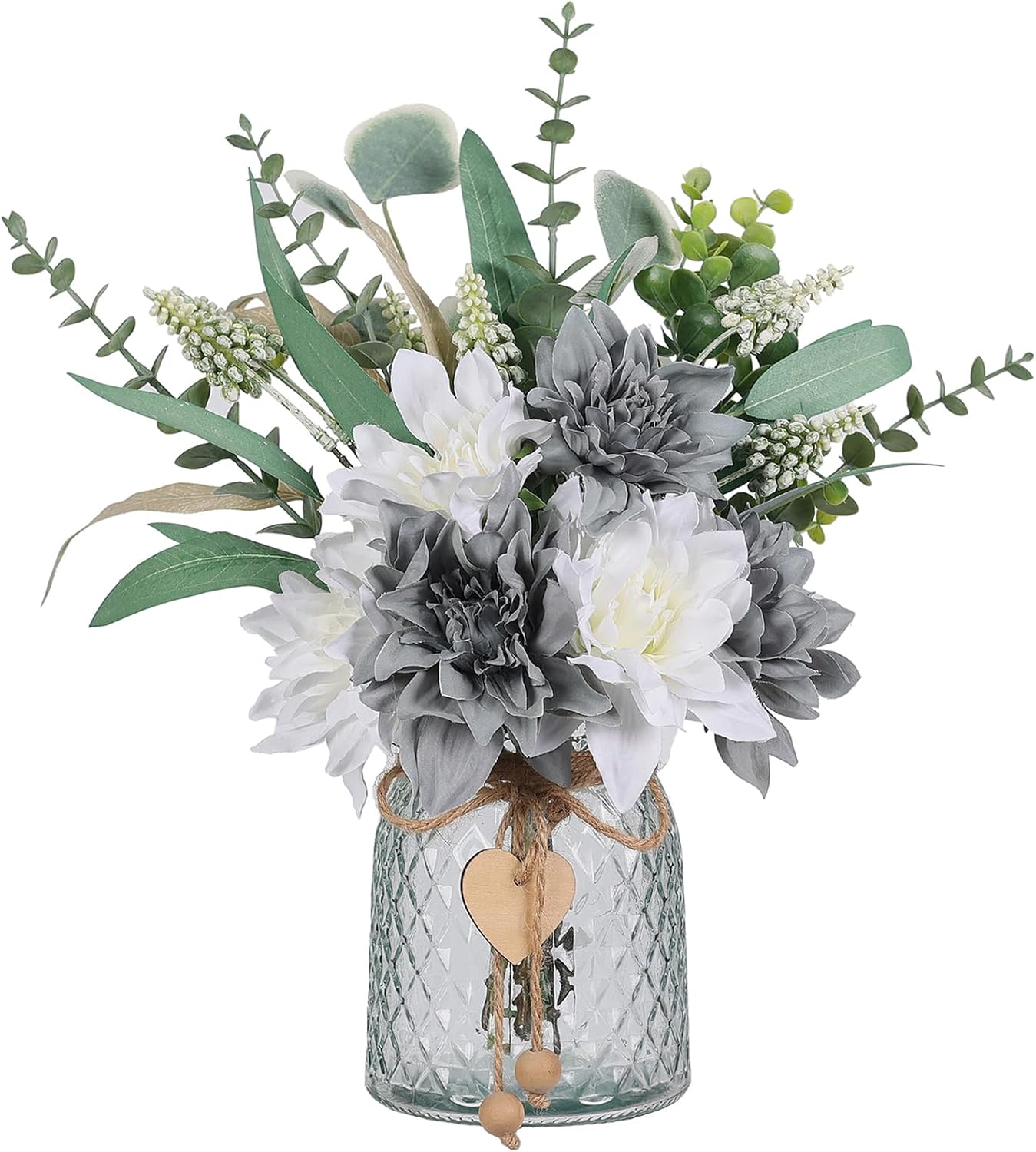 14.5" Artificial Dahlia Flowers with Vase for Home Decor (Grey Blue) | Lifelike Fake Flowers & Plants in Vase, Faux Eucalyptus Willow with Dahlias, for Farmhouse Kitchen Table Centerpiece Decor