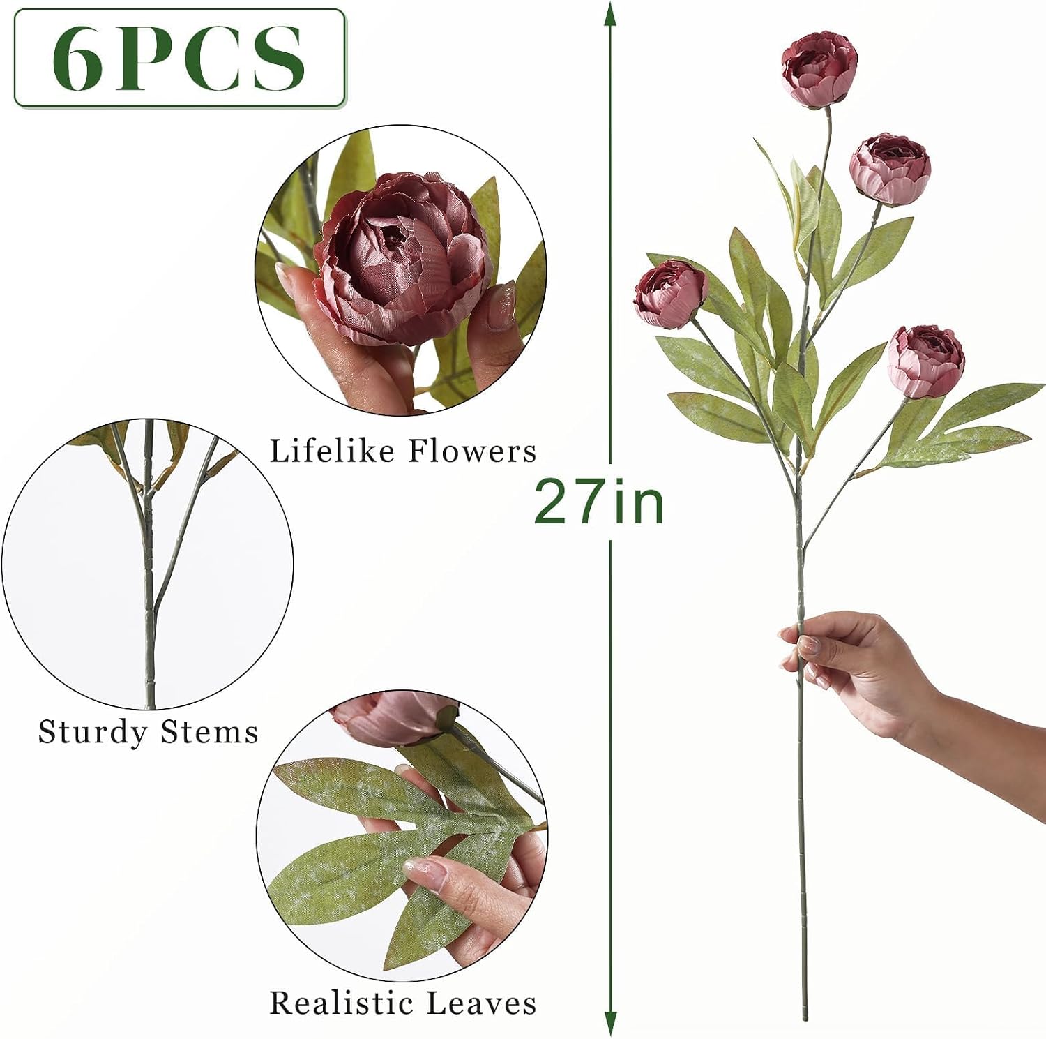 6 Pcs 27" Faux Silk Peony Artificial Flowers Stems for Vase (Warm Pink) | Bulk Fake Peonies Branches with Stems, for DIY Bouquet Table Centerpieces Wedding Fillers Arrangements Shower Home Decoration