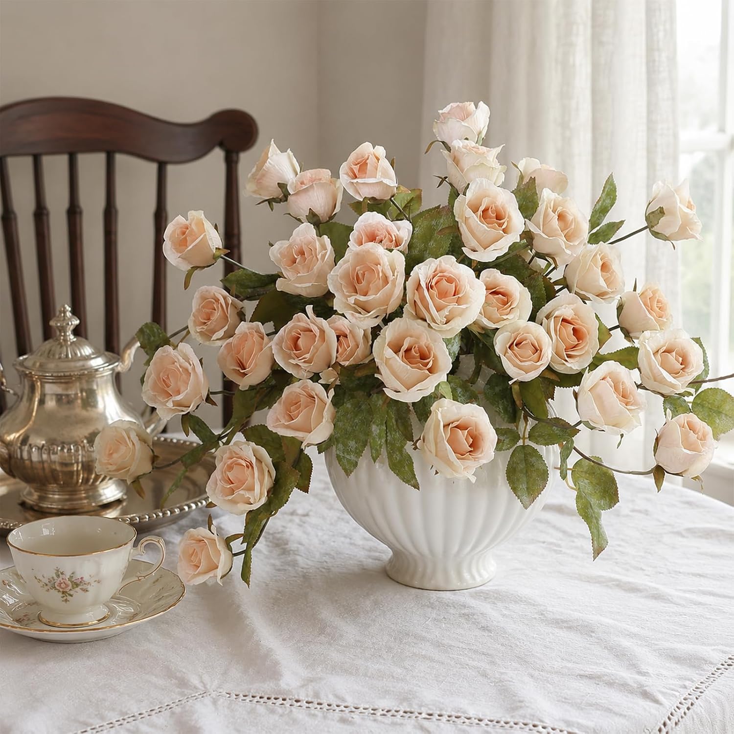 6 Pcs 28" Artificial Rose Flower Stems for Vase Home Decoration (Beige) | Fake Silk Flower Branches, Faux Rose Stems, for Table Centerpieces DIY Floral Arrangements Party Farmhouse Home Indoor Decor
