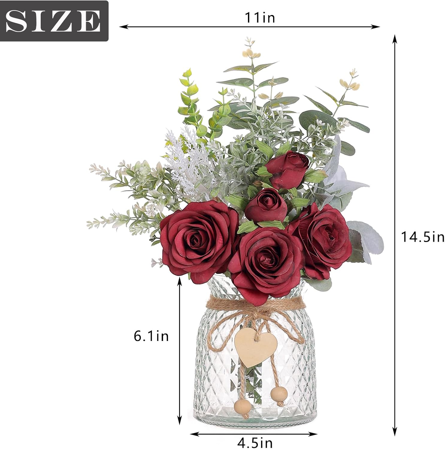 14.5" Artificial Silk Roses with Vase for Home Decoration (Burgundy) | Realistic Faux Eucalyptus & Fake Silk Flowers in Vase, for Office Farmhouse Bathroom Dining Table Centerpiece Decoration
