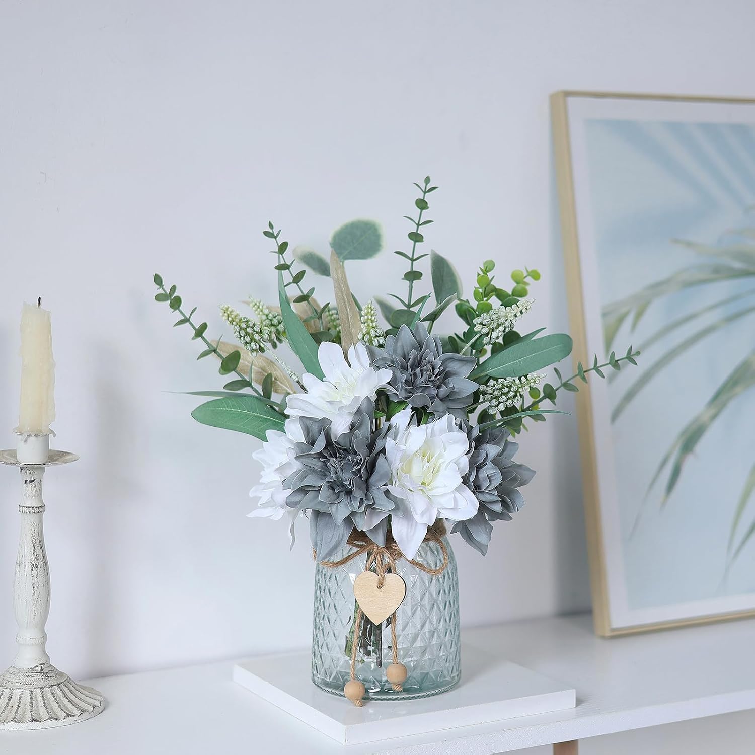 14.5" Artificial Dahlia Flowers with Vase for Home Decor (Grey Blue) | Lifelike Fake Flowers & Plants in Vase, Faux Eucalyptus Willow with Dahlias, for Farmhouse Kitchen Table Centerpiece Decor