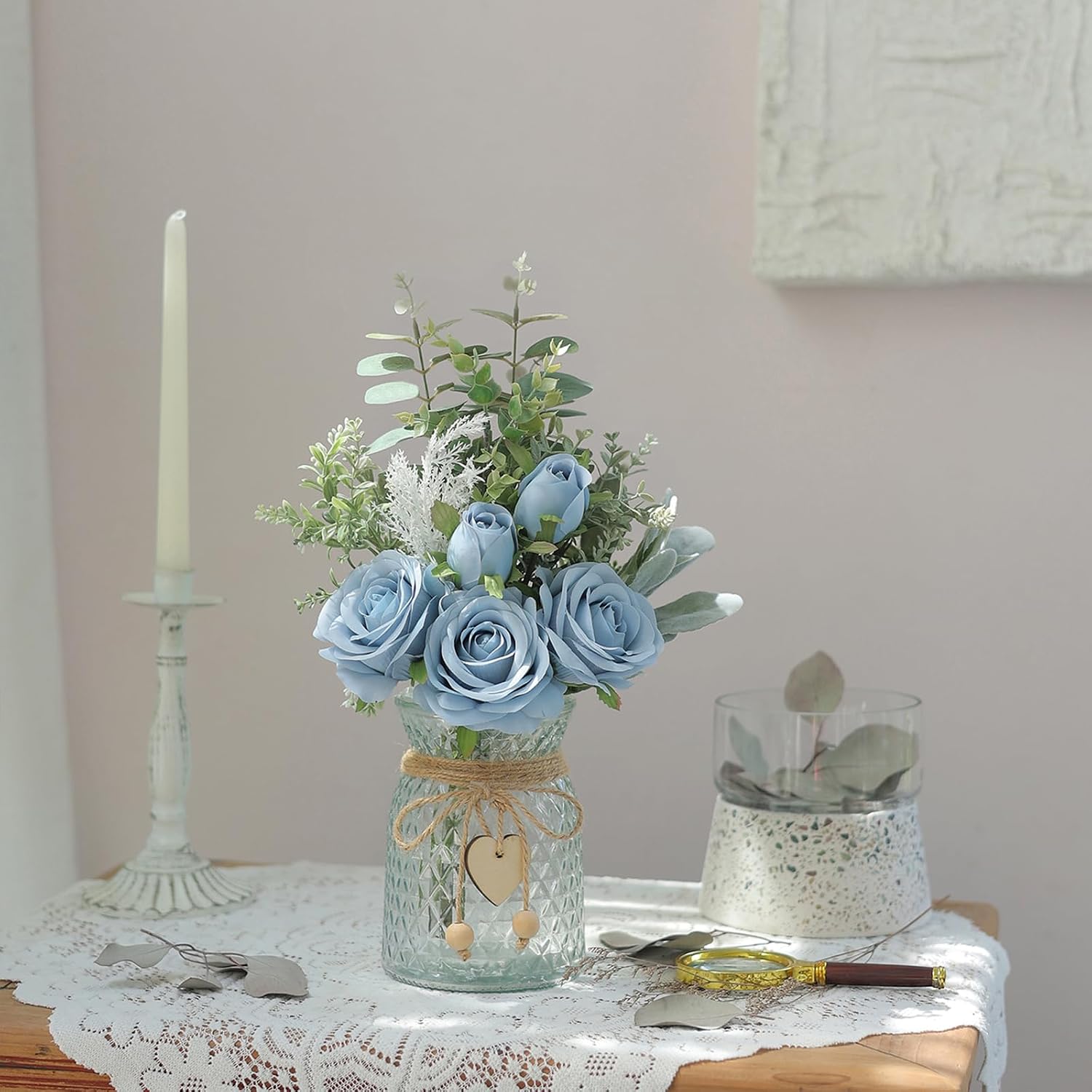 14.5" Artificial Silk Roses with Vase for Home Decoration (Dusty Blue) | Realistic Faux Eucalyptus & Fake Silk Flowers in Vase, for Office Farmhouse Bathroom Dining Table Centerpiece Decoration