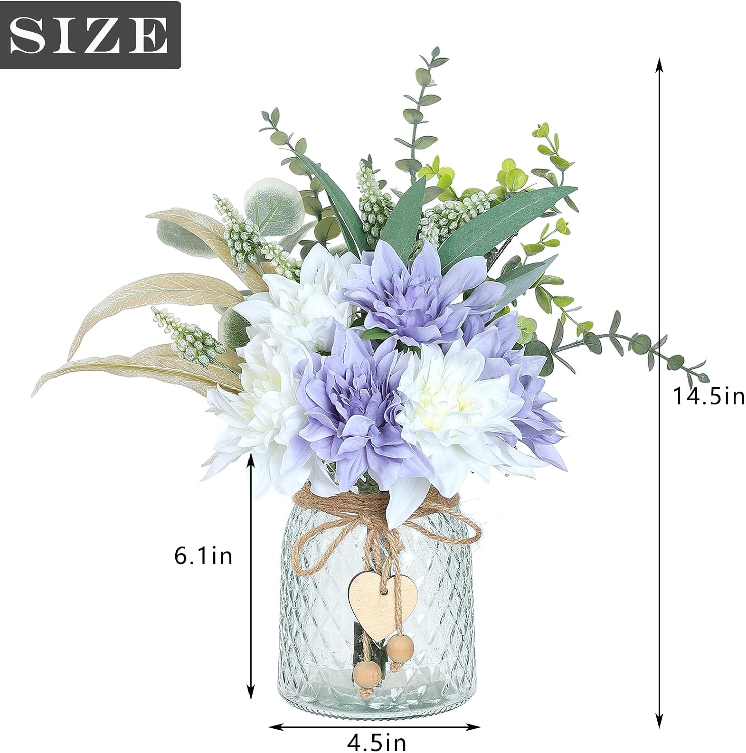 14.5" Artificial Dahlia Flowers with Vase for Home Decor (Dusty Purple) | Lifelike Fake Flowers & Plants in Vase, Faux Eucalyptus Willow with Dahlias, for Farmhouse Kitchen Table Centerpiece Decor