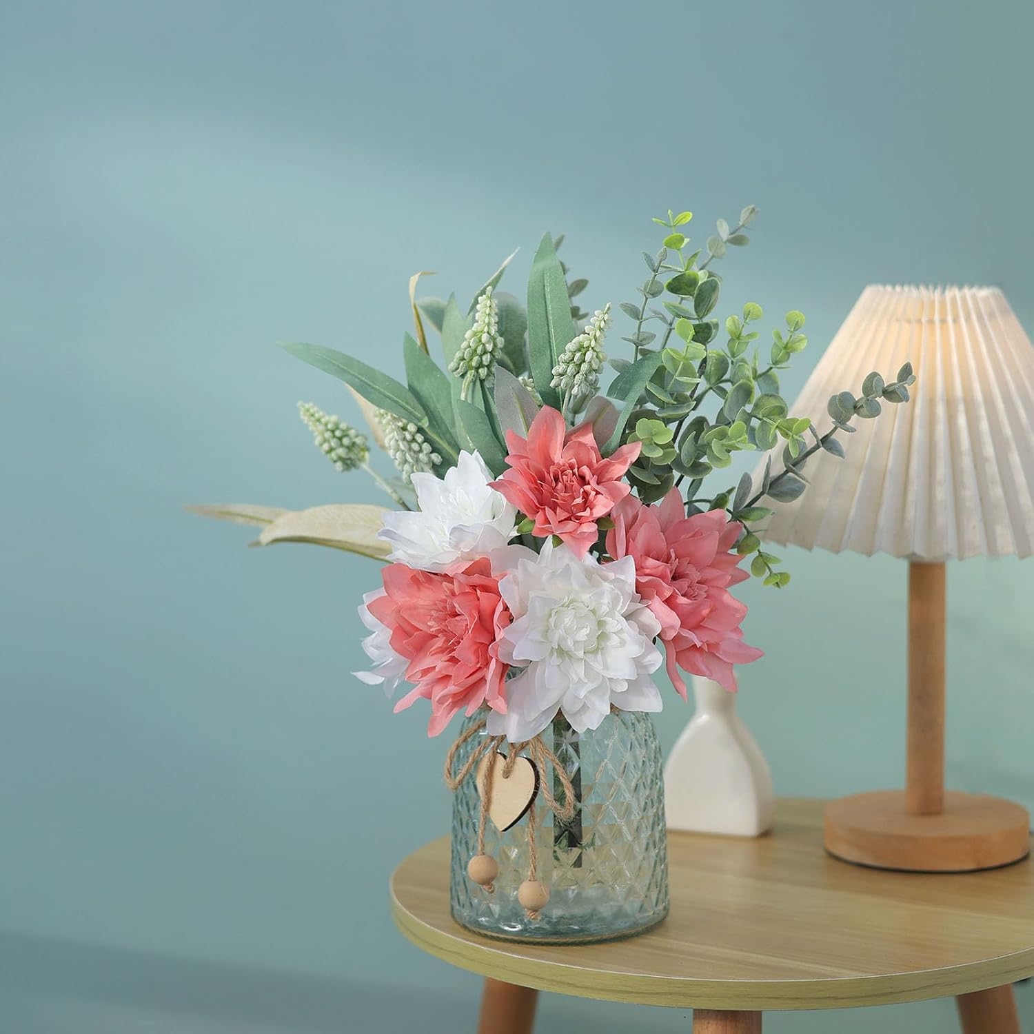 14.5" Artificial Dahlia Flowers with Vase for Home Decor (Dusty Pink) | Lifelike Fake Flowers & Plants in Vase, Faux Eucalyptus Willow with Dahlias, for Farmhouse Kitchen Table Centerpiece Decor