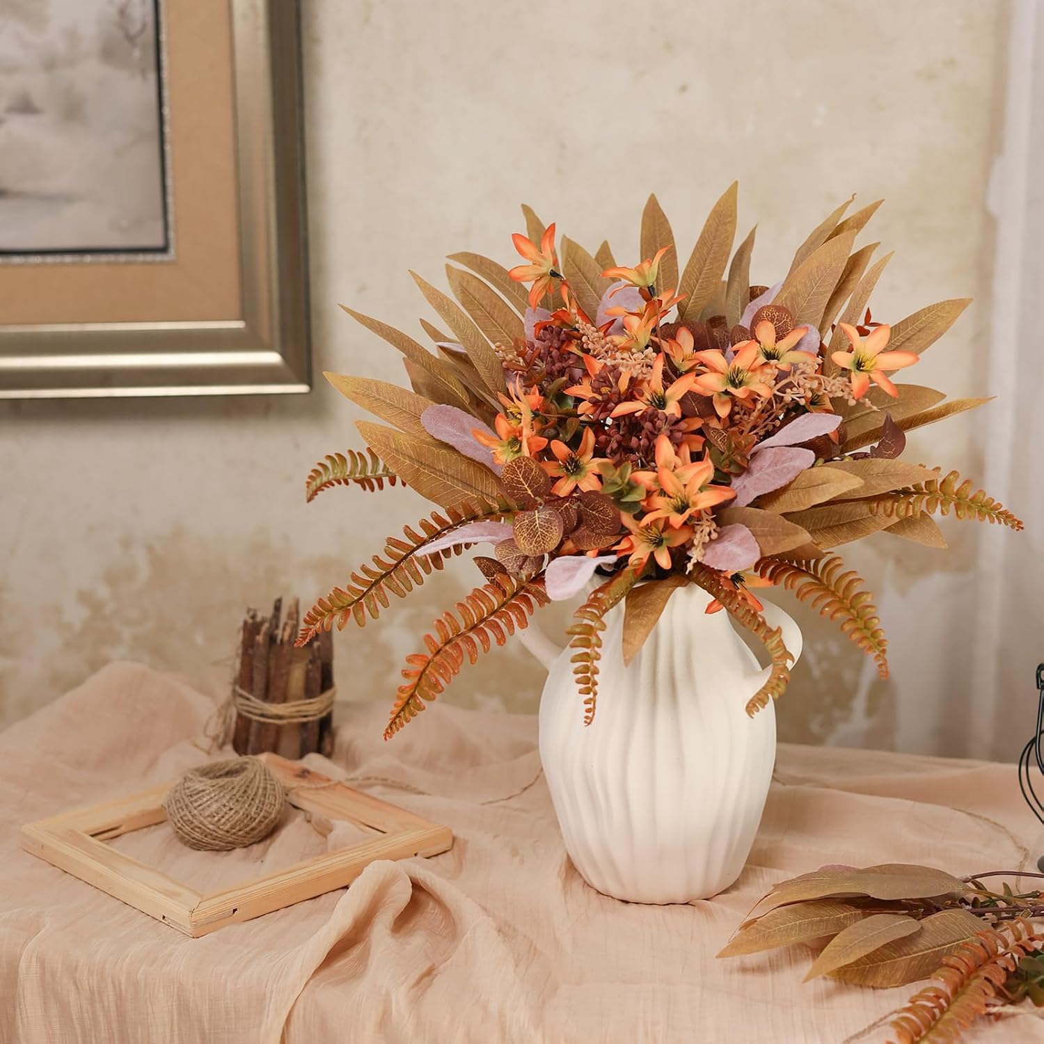70PCS 8 Kinds Artificial Greenery Stems Box Set for Fall(Brown & Orange) | Realistic Faux Plants and Fake Flowers,for Autumn DIY Bouquet Table Centerpieces and Floral Arrangement Decor