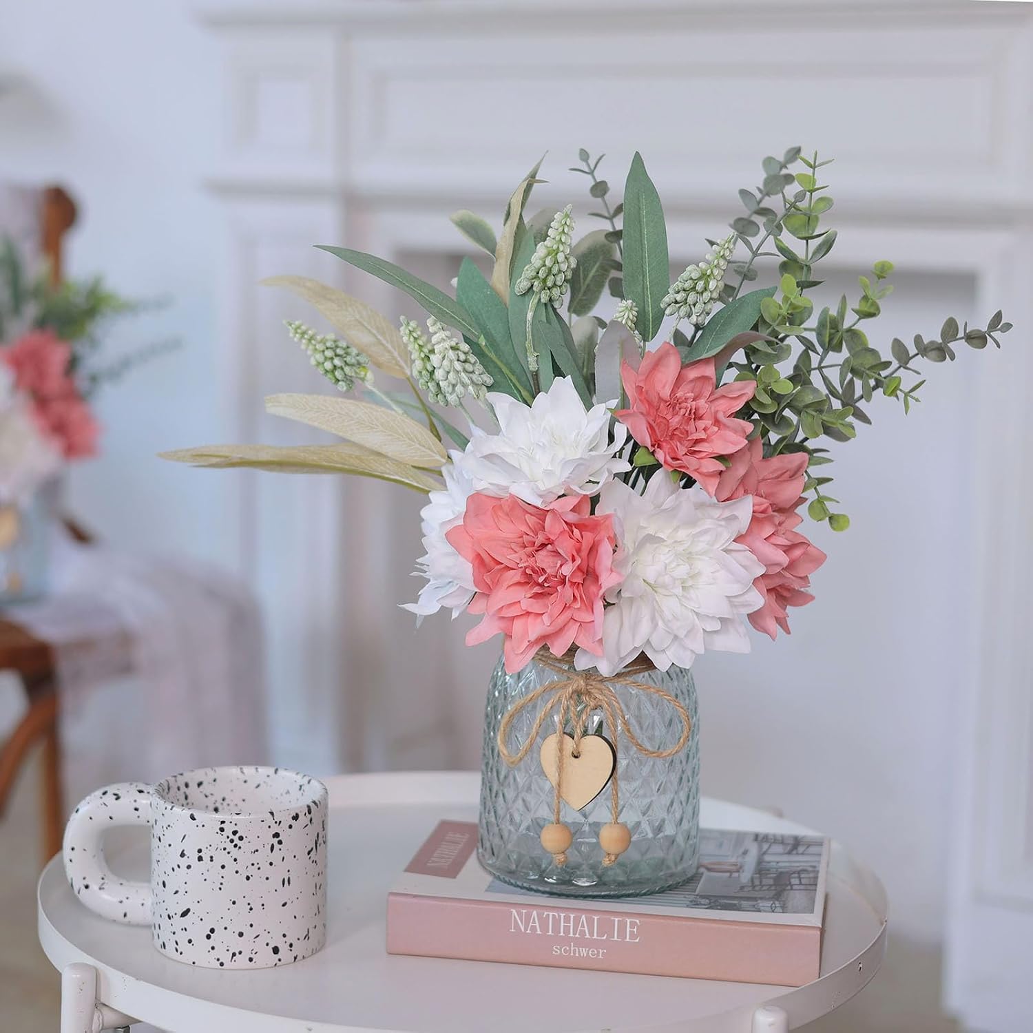 14.5" Artificial Dahlia Flowers with Vase for Home Decor (Dusty Pink) | Lifelike Fake Flowers & Plants in Vase, Faux Eucalyptus Willow with Dahlias, for Farmhouse Kitchen Table Centerpiece Decor