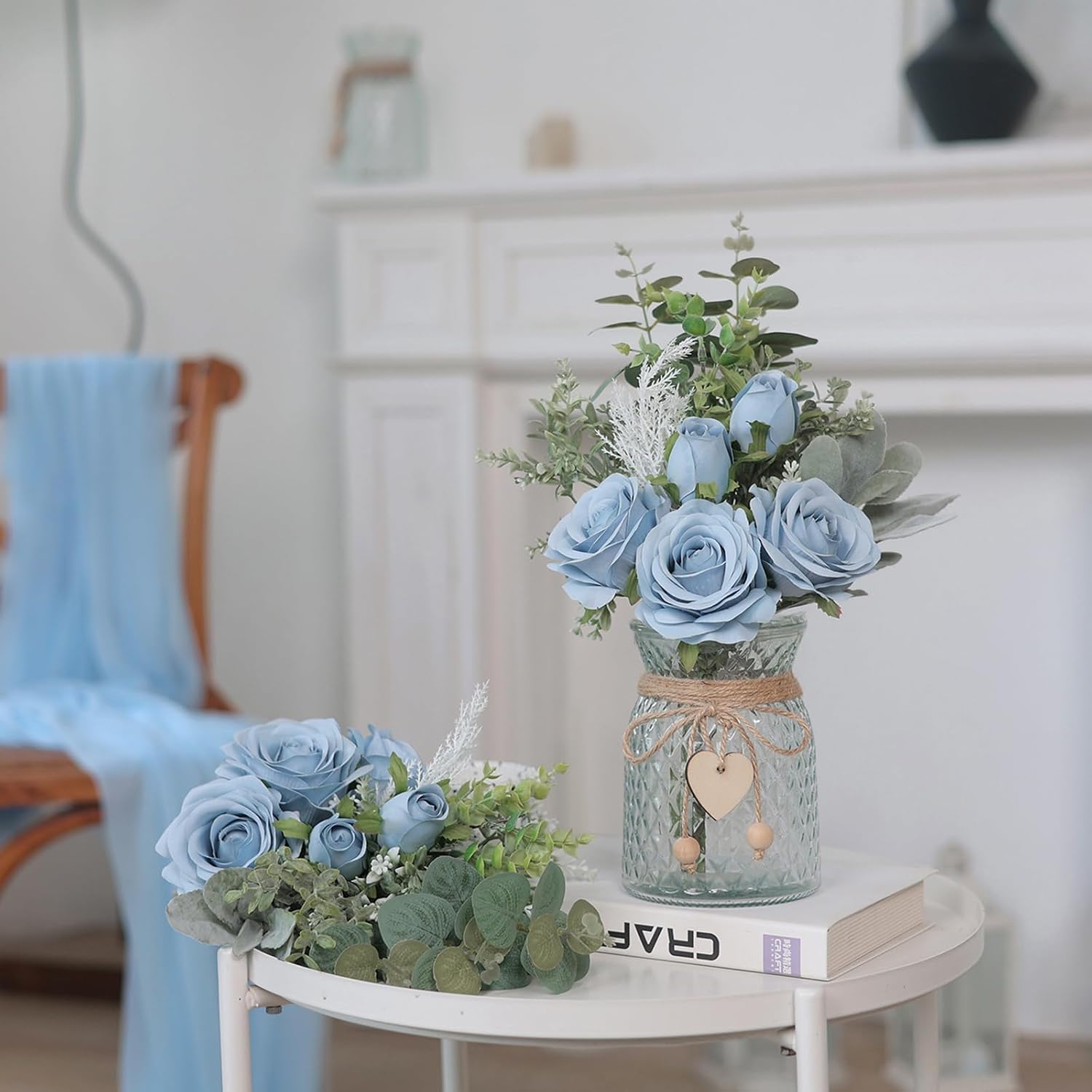 14.5" Artificial Silk Roses with Vase for Home Decoration (Dusty Blue) | Realistic Faux Eucalyptus & Fake Silk Flowers in Vase, for Office Farmhouse Bathroom Dining Table Centerpiece Decoration