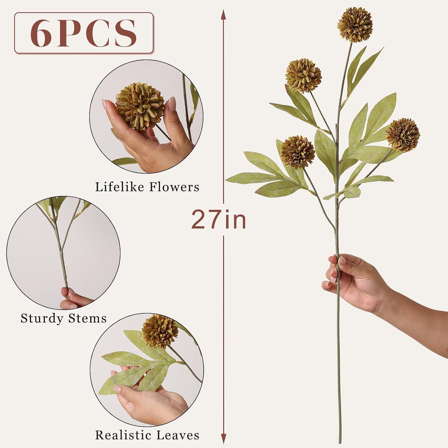 6 Pcs 27"Artificial Fall Pompon Mum Flower Stems for Vase (Autumn Orange) | Bulk Fake Chrysanth Branches Faux Silk Flowers, for DIY Bouquet Centerpieces