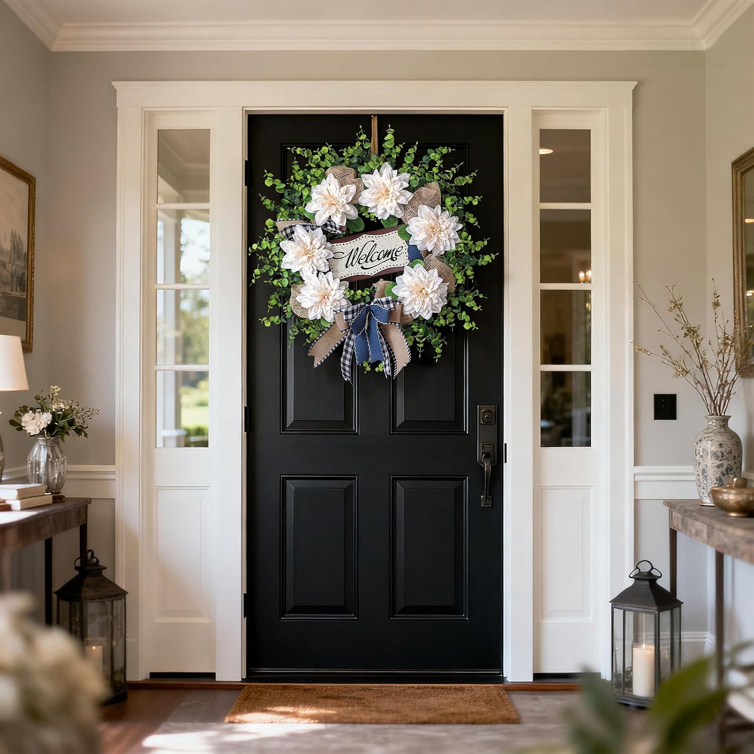 24" Artificial Dahlia Flower and Eucalyptus Wreath for Front Door (White) | Fake Flower & Eucalyptus Wreath with Blessed Sign,Faux Greenery Wreath,for Porch Home Outdoor Farmhouse Spring Summer Decor