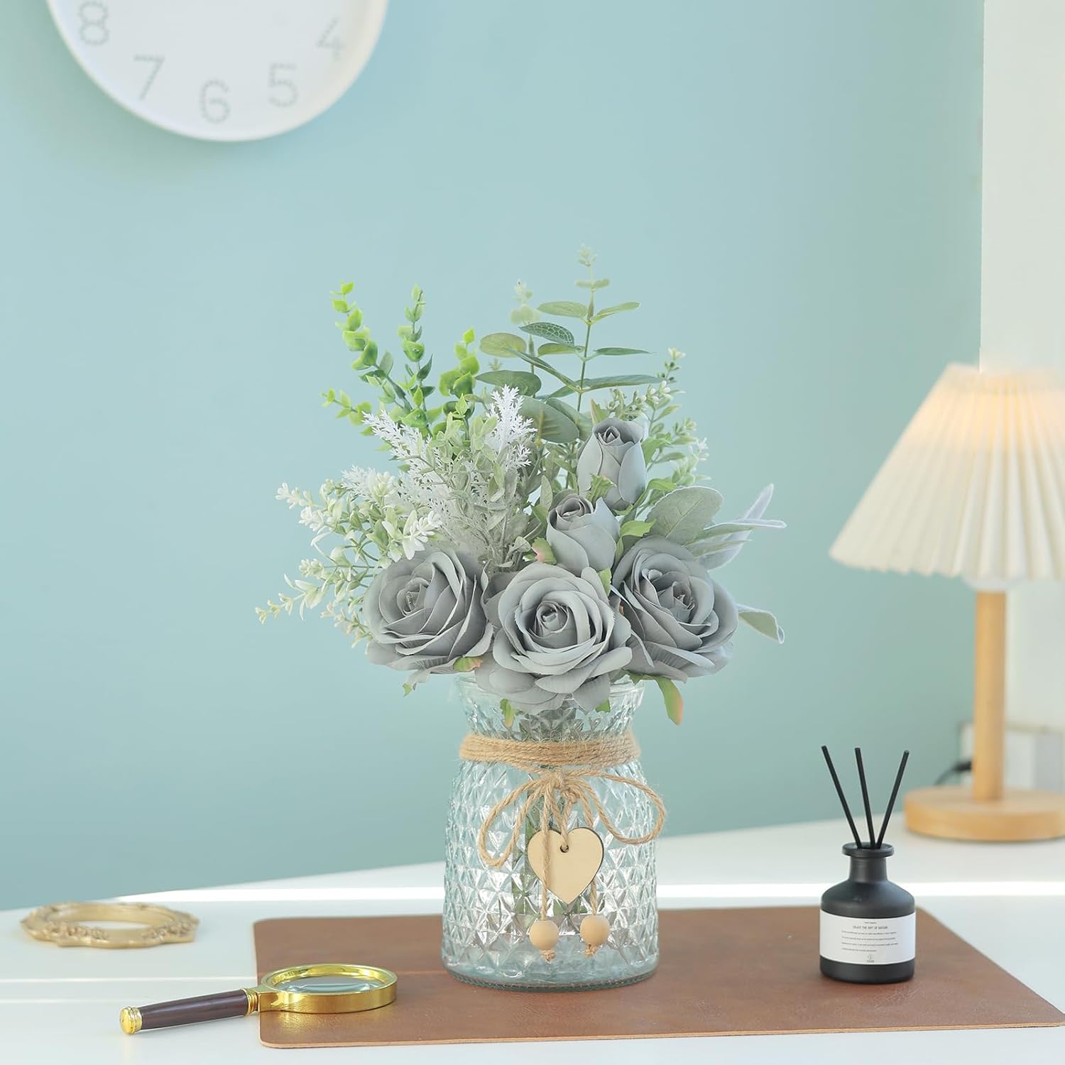 14.5" Artificial Silk Roses with Vase for Home Decoration (Grey Blue) | Realistic Faux Eucalyptus & Fake Silk Flowers in Vase, for Office Farmhouse Bathroom Dining Table Centerpiece Decoration