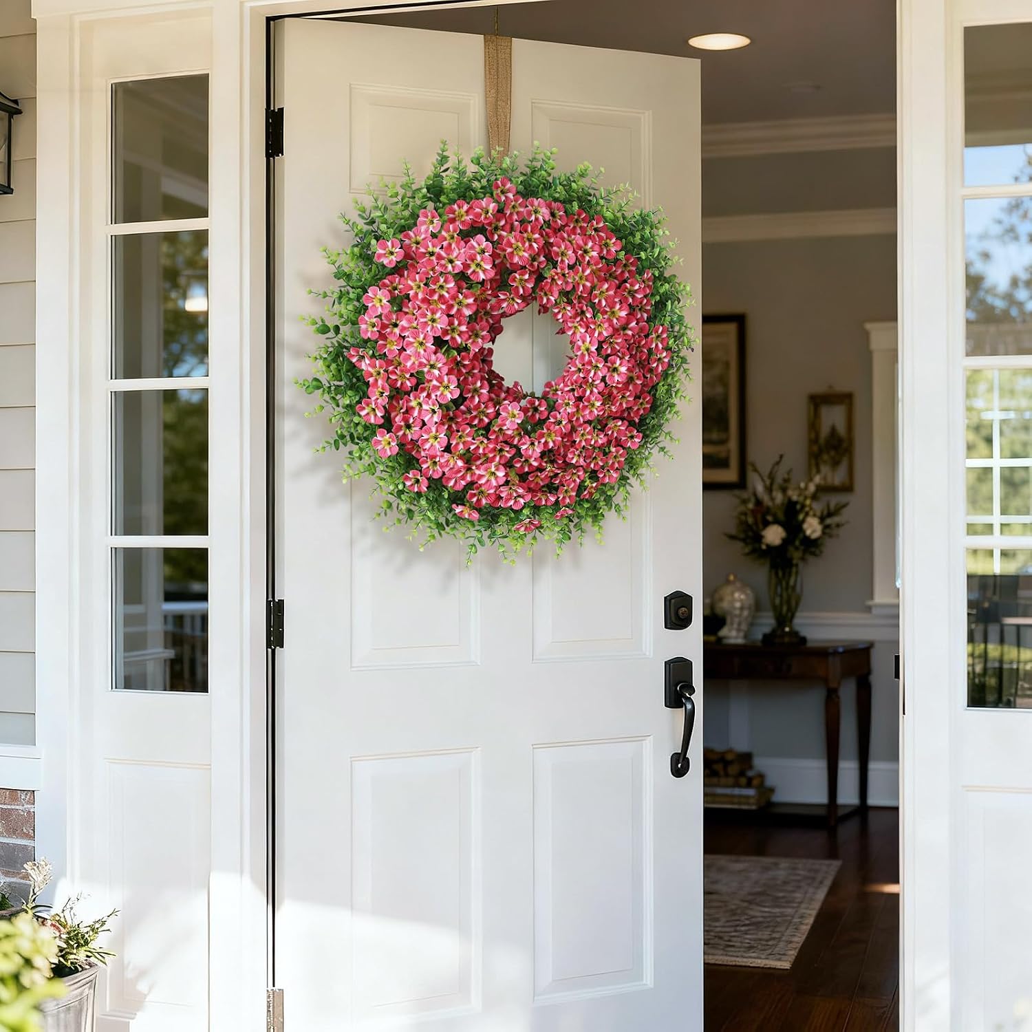 26" Artificial Eucalyptus with Flowers Wreath for Front Door (Rose Red) | Large Faux Eucalyptus & Morning Glory Flowers Wreath,Silk Flowers,for Home Front Porch Farmhouse Spring Summer Outdoor Decor