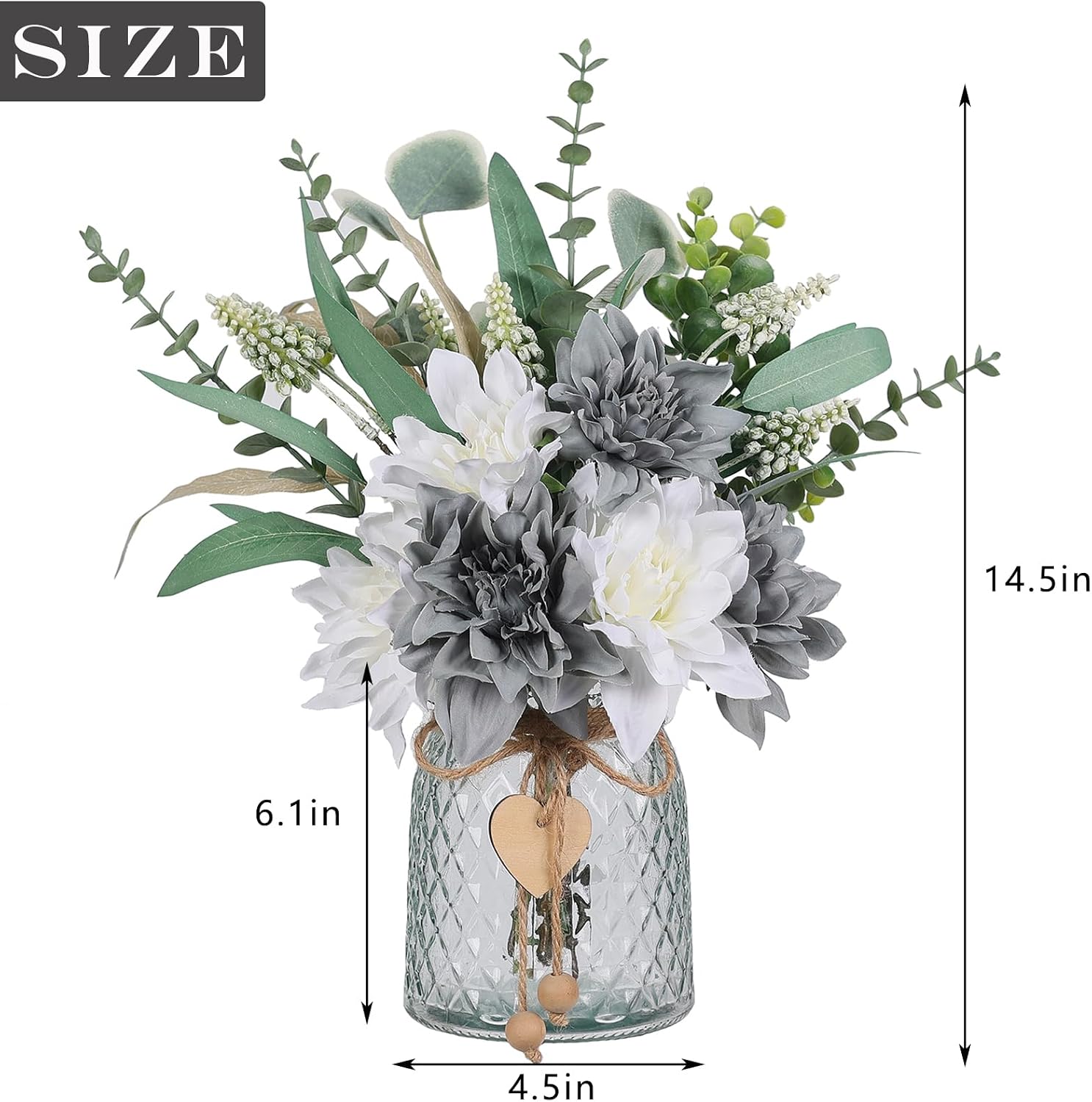 14.5" Artificial Dahlia Flowers with Vase for Home Decor (Grey Blue) | Lifelike Fake Flowers & Plants in Vase, Faux Eucalyptus Willow with Dahlias, for Farmhouse Kitchen Table Centerpiece Decor