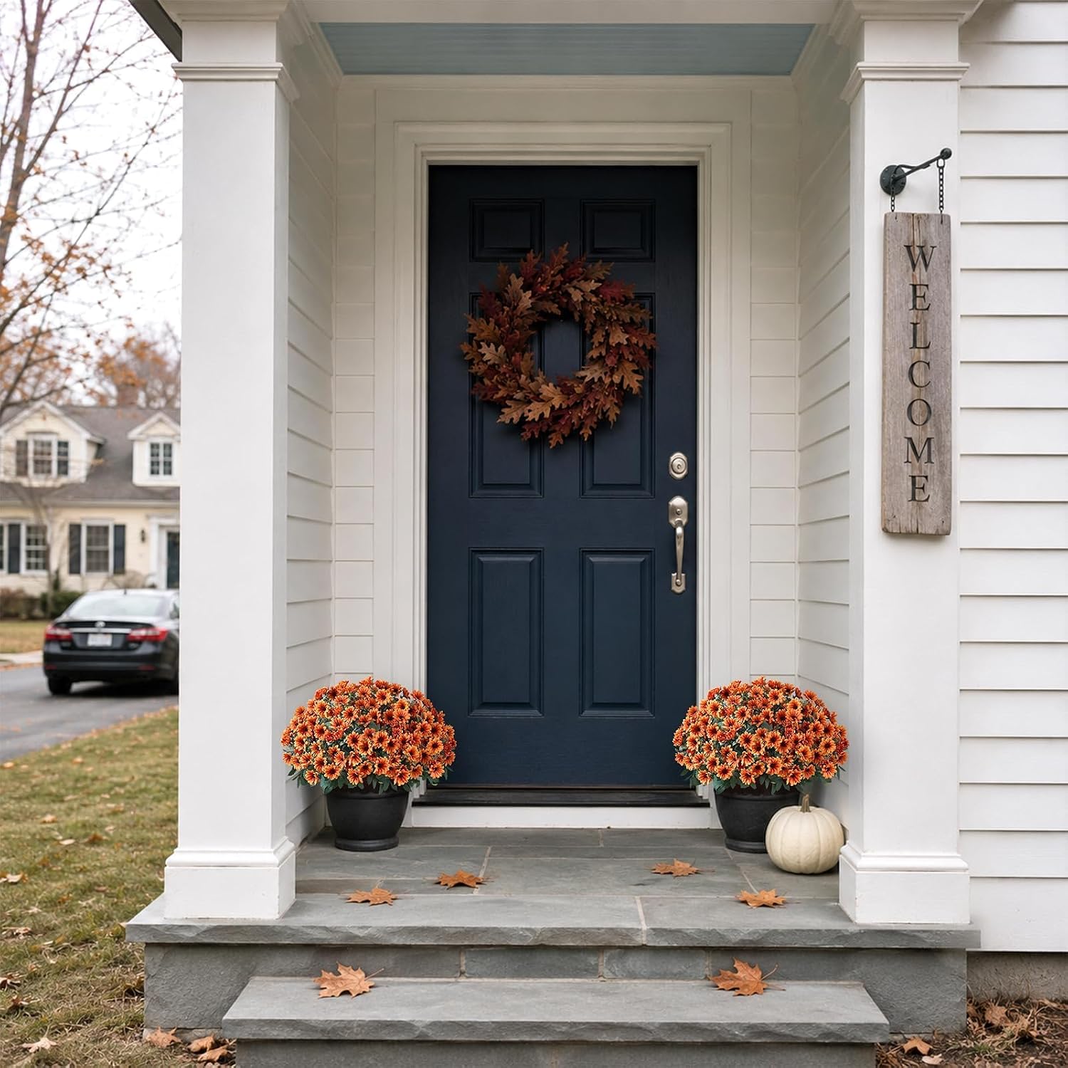 2 Pcs Artificial Fall Daisy Topiary Ball Trees Fake Mums for Porch (Orange) | with Pots,No Assembly Required,UV Resistant Faux Daisy Autumn Potted Plant