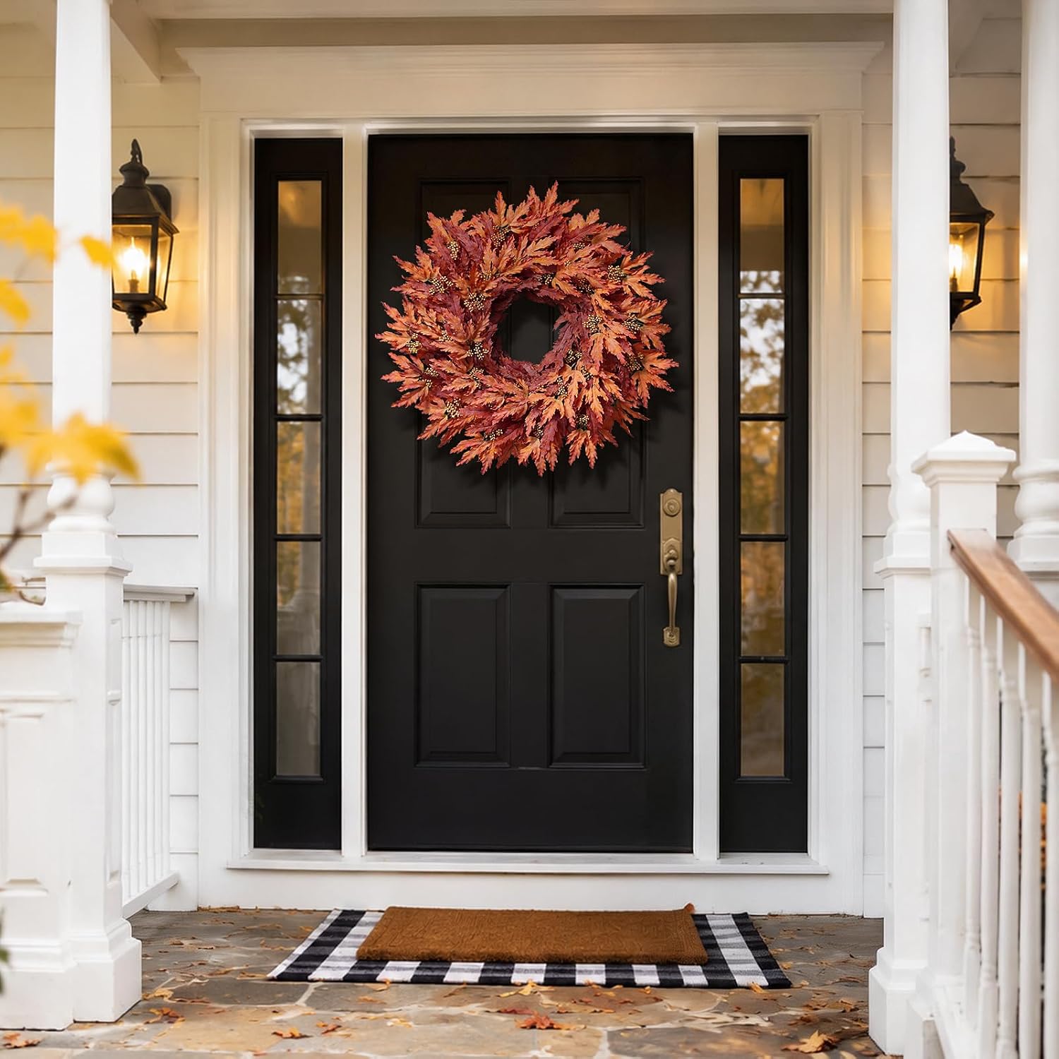 26" Artificial Fall Maple Leaves Wreath for Front Door Decoration (Orange) | Fake Maple Leaves with Seeds Wreath, Faux Autumn Outdoor Wreath