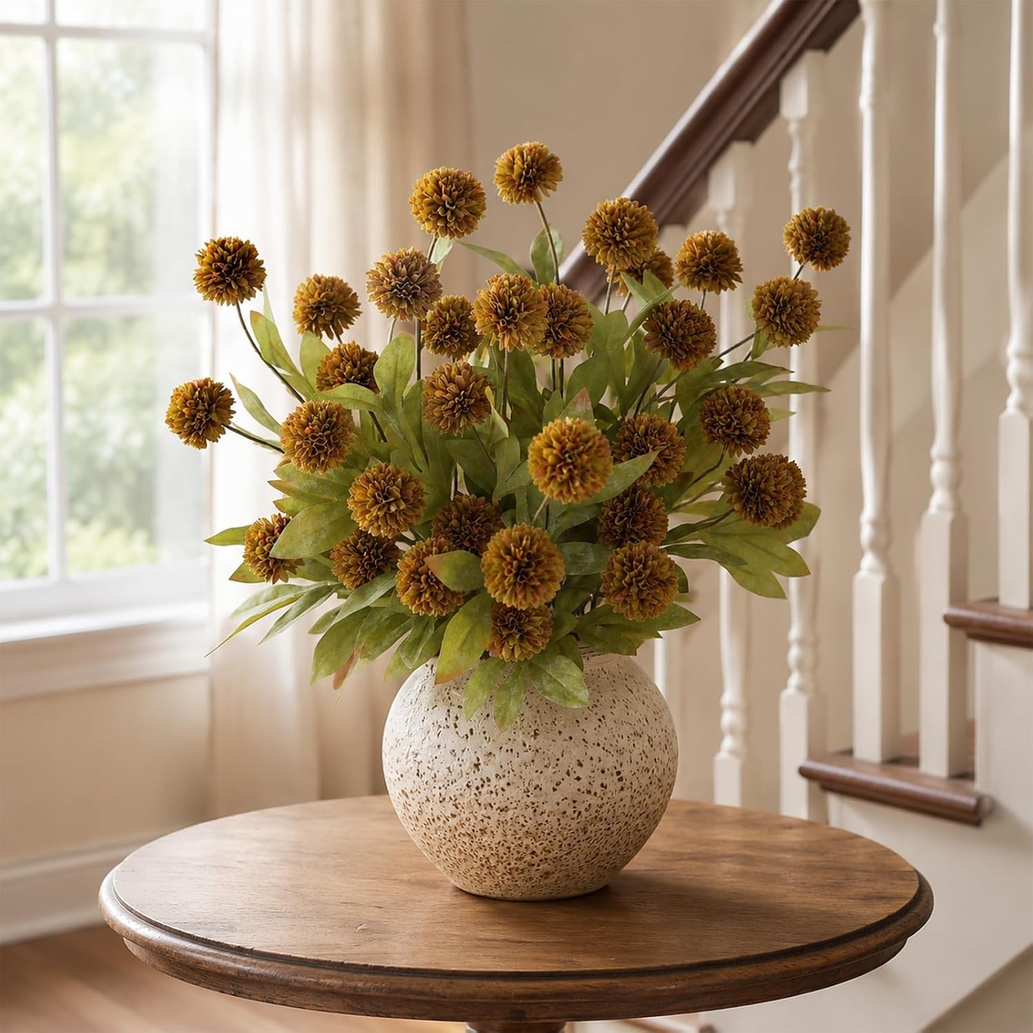 6 Pcs 27"Artificial Fall Pompon Mum Flower Stems for Vase (Autumn Orange) | Bulk Fake Chrysanth Branches Faux Silk Flowers, for DIY Bouquet Centerpieces